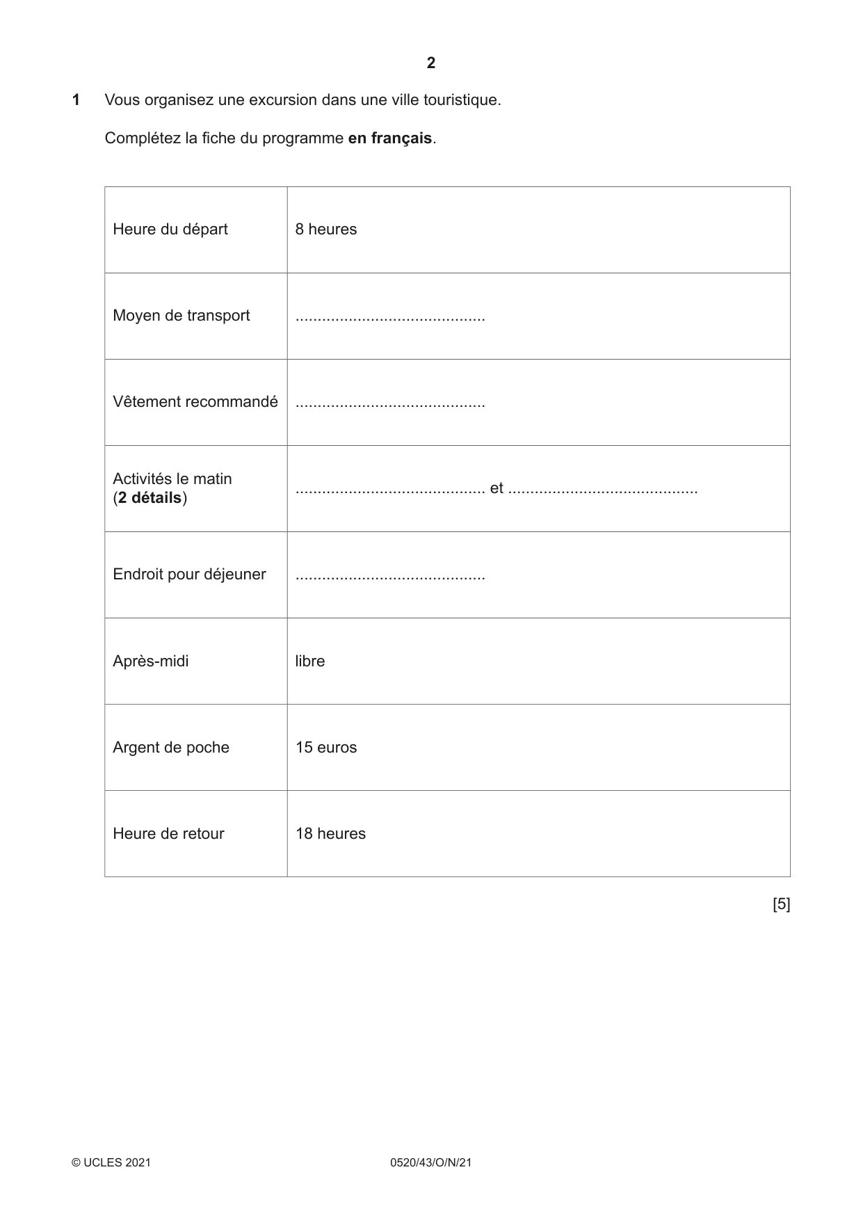 Cambridge IGCSE French - Foreign Language 0520 2021 Oct/Nov Paper 4 · Variant 3 question paper, page 2 of 8