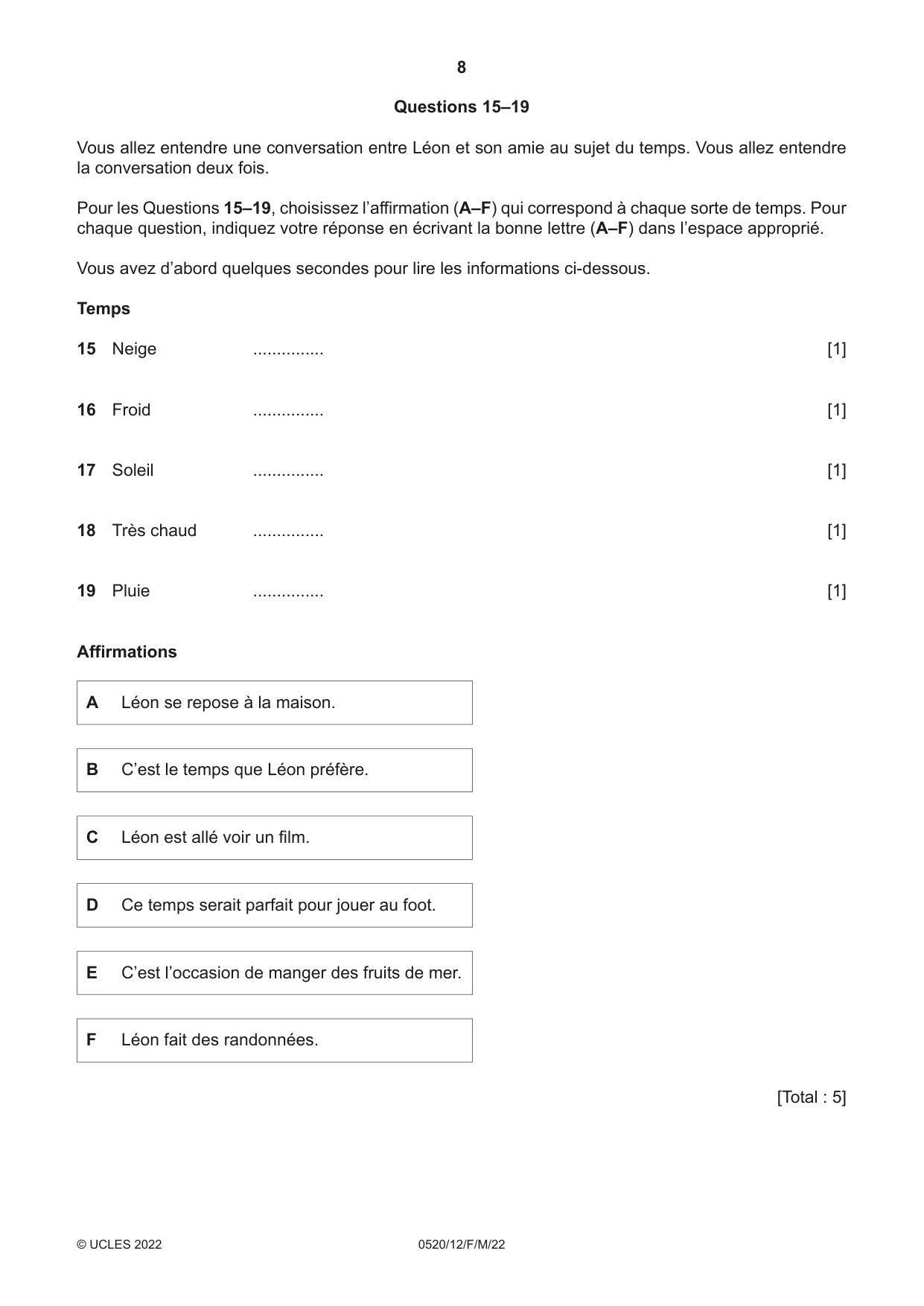 Cambridge IGCSE French - Foreign Language 0520 2022 Feb/March Paper 1 · Variant 2 question paper, page 8 of 16