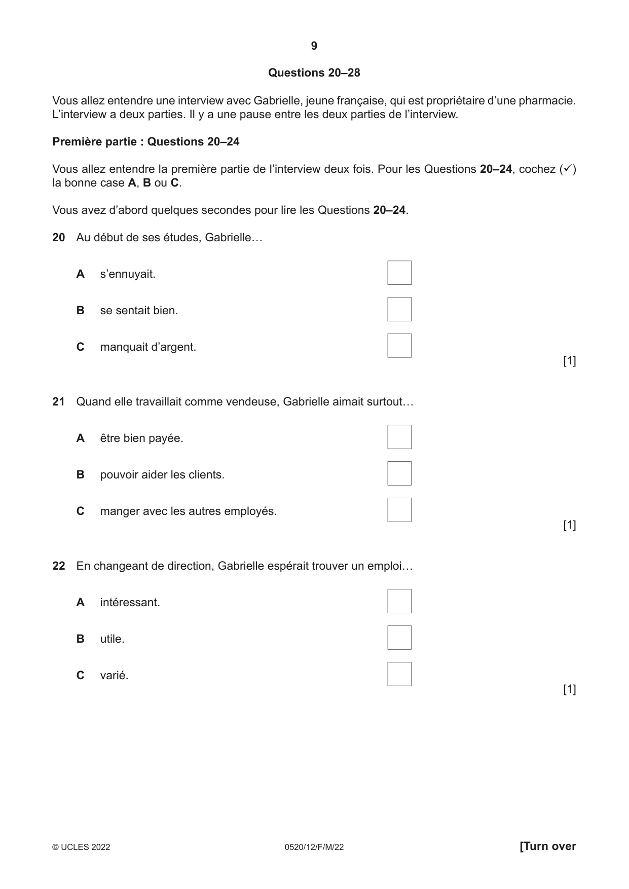 Cambridge IGCSE French - Foreign Language 0520 2022 Feb/March Paper 1 · Variant 2 question paper, page 9 of 16