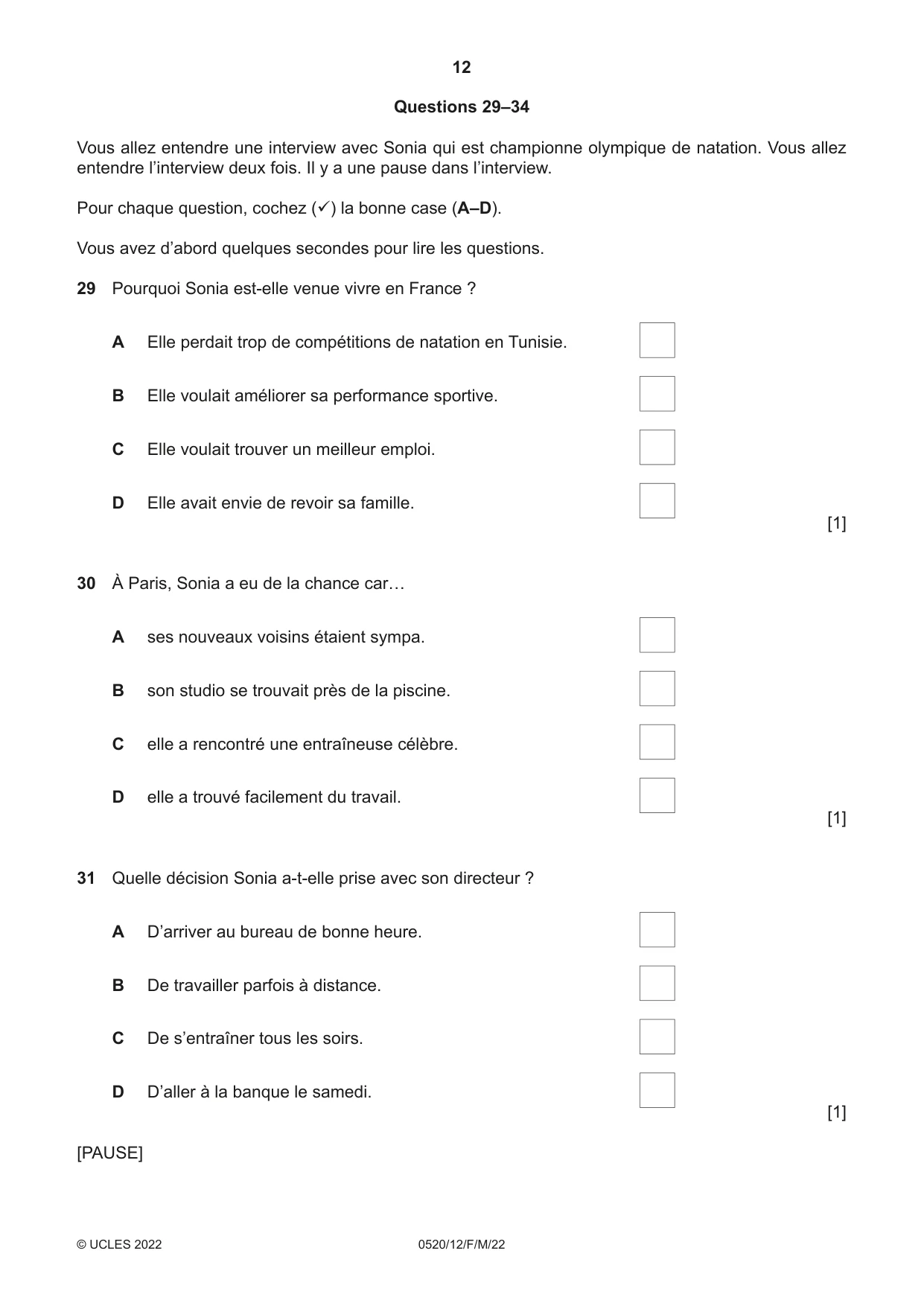 Cambridge IGCSE French - Foreign Language 0520 2022 Feb/March Paper 1 · Variant 2 question paper, page 12 of 16