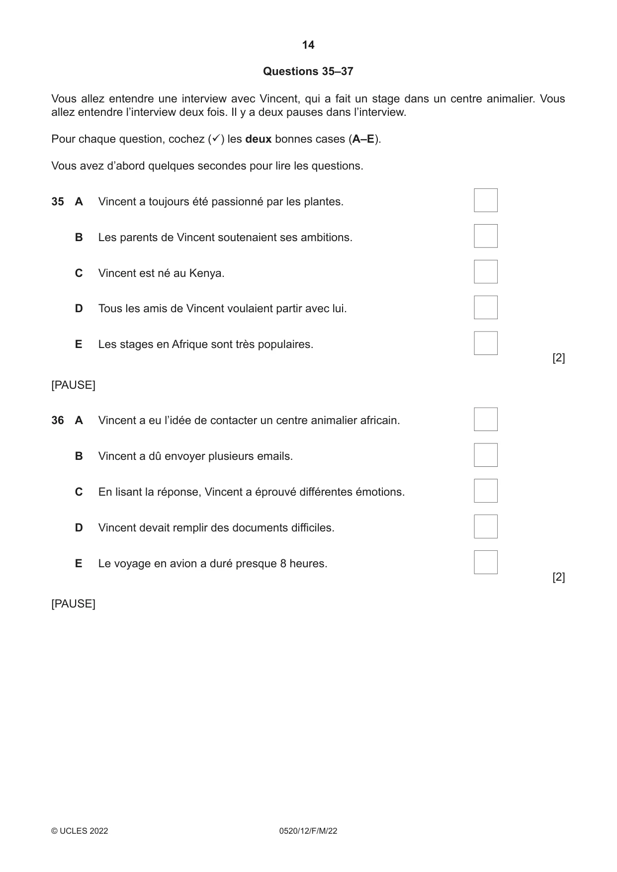 Cambridge IGCSE French - Foreign Language 0520 2022 Feb/March Paper 1 · Variant 2 question paper, page 14 of 16