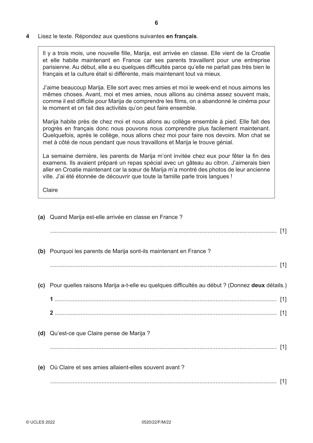Cambridge IGCSE French - Foreign Language 0520 2022 Feb/March Paper 2 · Variant 2 question paper, page 6 of 12