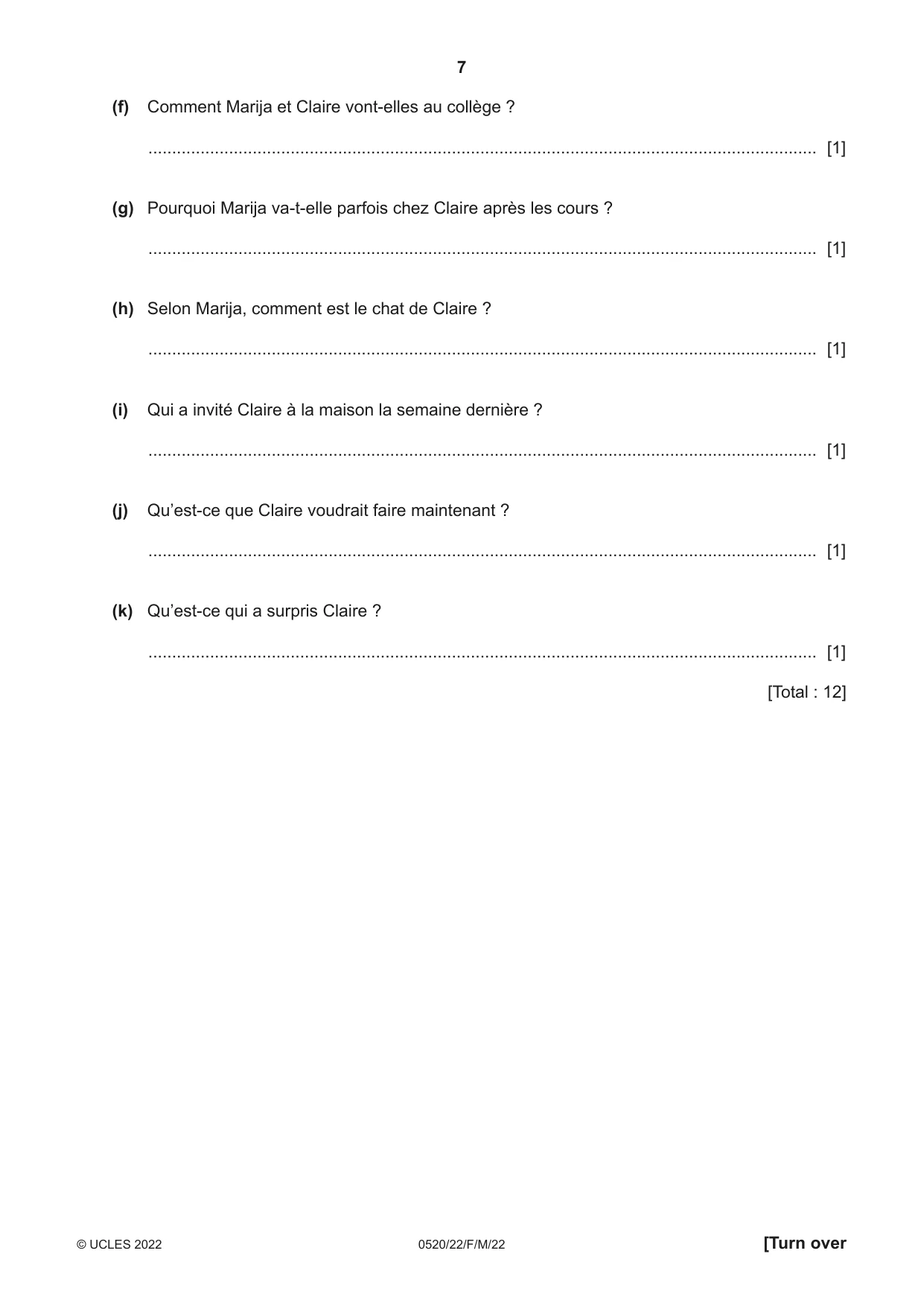 Cambridge IGCSE French - Foreign Language 0520 2022 Feb/March Paper 2 · Variant 2 question paper, page 7 of 12