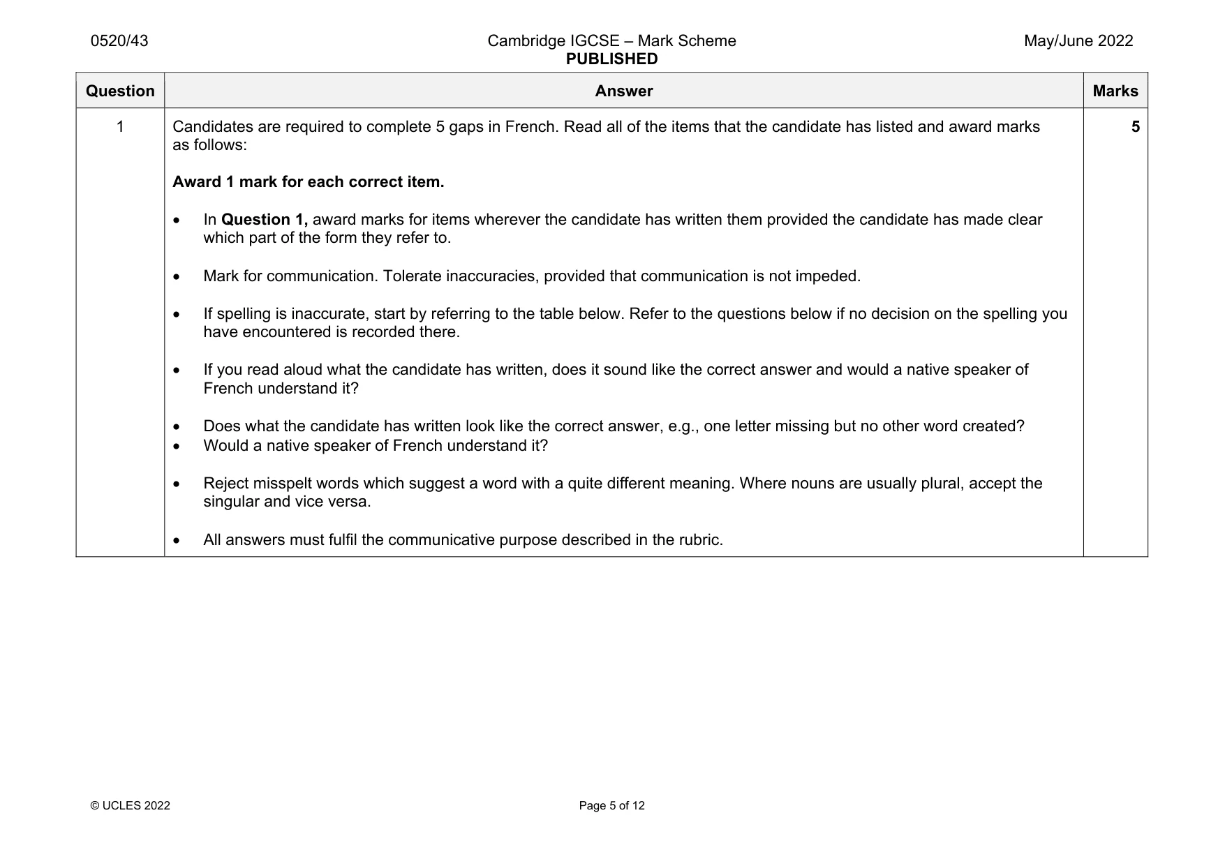 Mark scheme, page 5 of 12