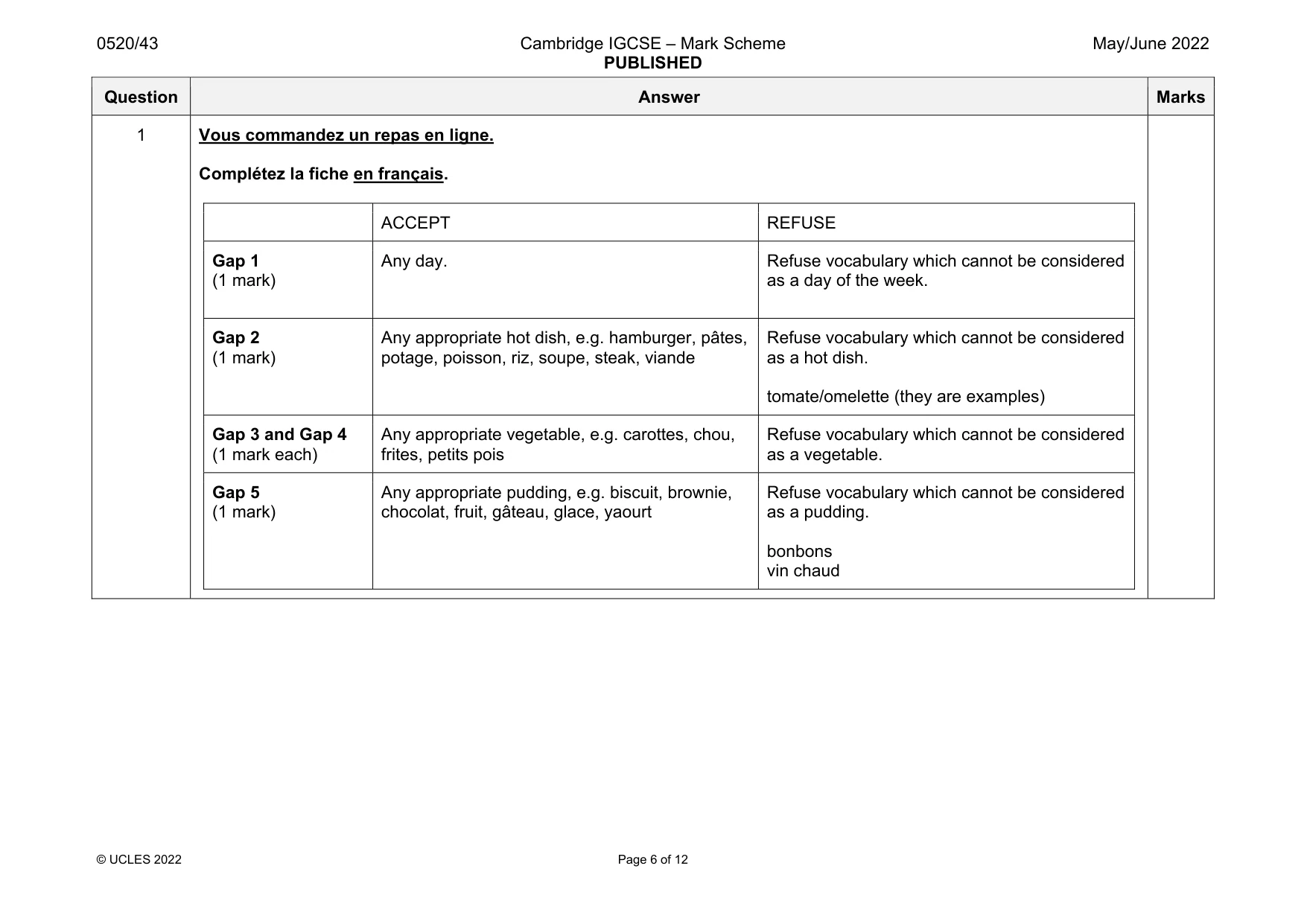Mark scheme, page 6 of 12