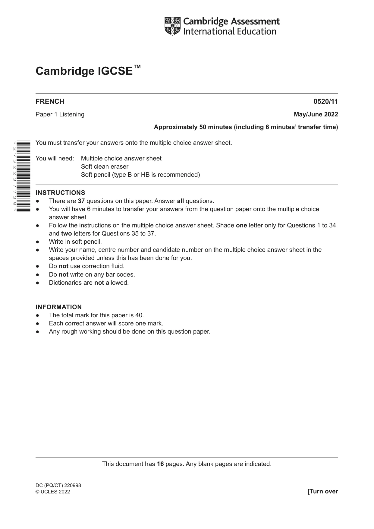 Cambridge IGCSE French - Foreign Language 0520 2022 May/June Paper 1 · Variant 1 question paper, page 1 of 16