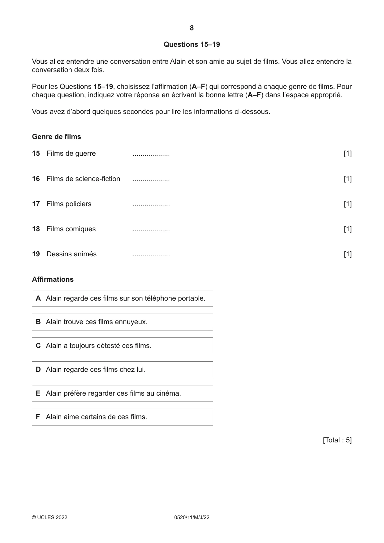 Cambridge IGCSE French - Foreign Language 0520 2022 May/June Paper 1 · Variant 1 question paper, page 8 of 16