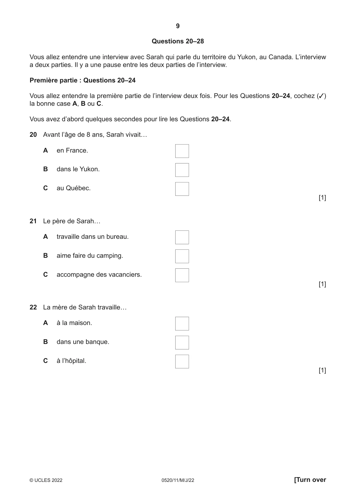 Cambridge IGCSE French - Foreign Language 0520 2022 May/June Paper 1 · Variant 1 question paper, page 9 of 16