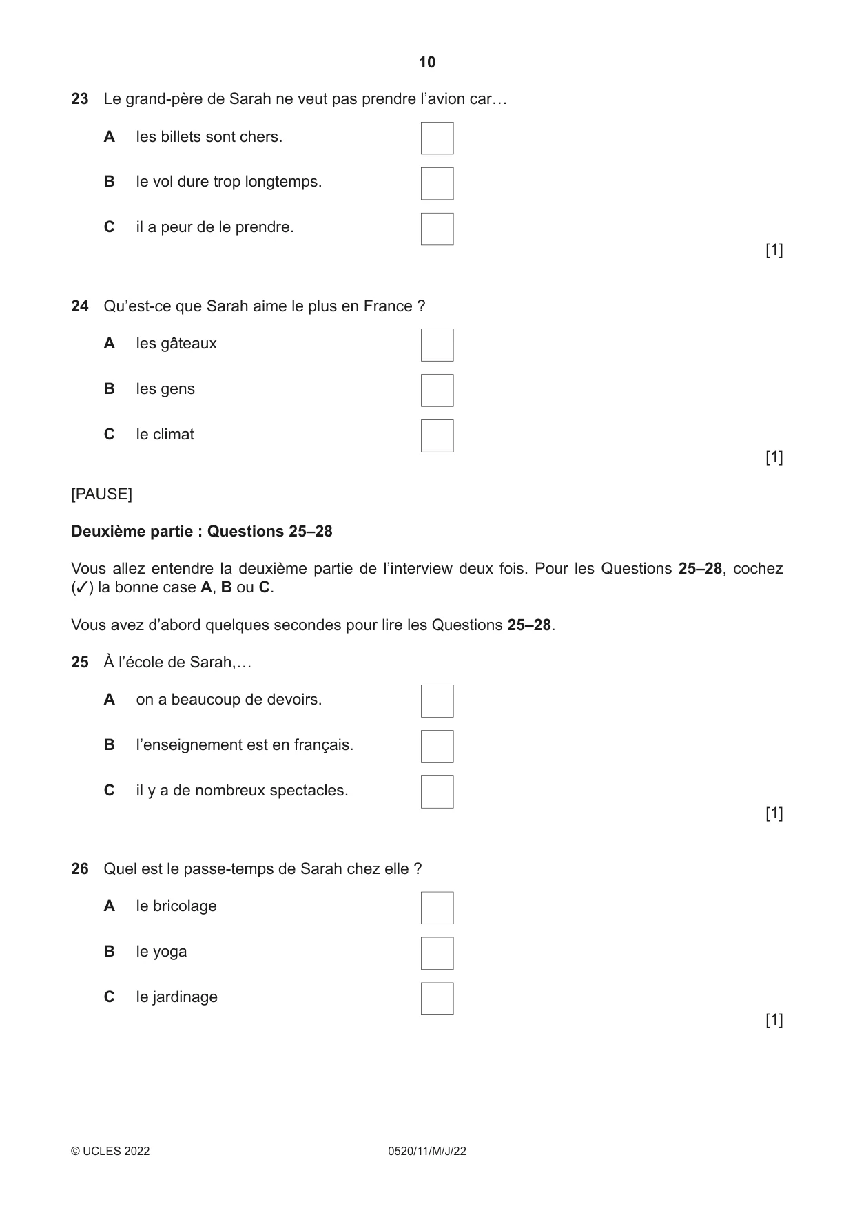 Cambridge IGCSE French - Foreign Language 0520 2022 May/June Paper 1 · Variant 1 question paper, page 10 of 16