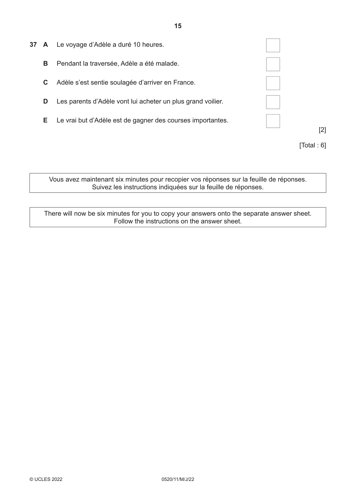 Cambridge IGCSE French - Foreign Language 0520 2022 May/June Paper 1 · Variant 1 question paper, page 15 of 16