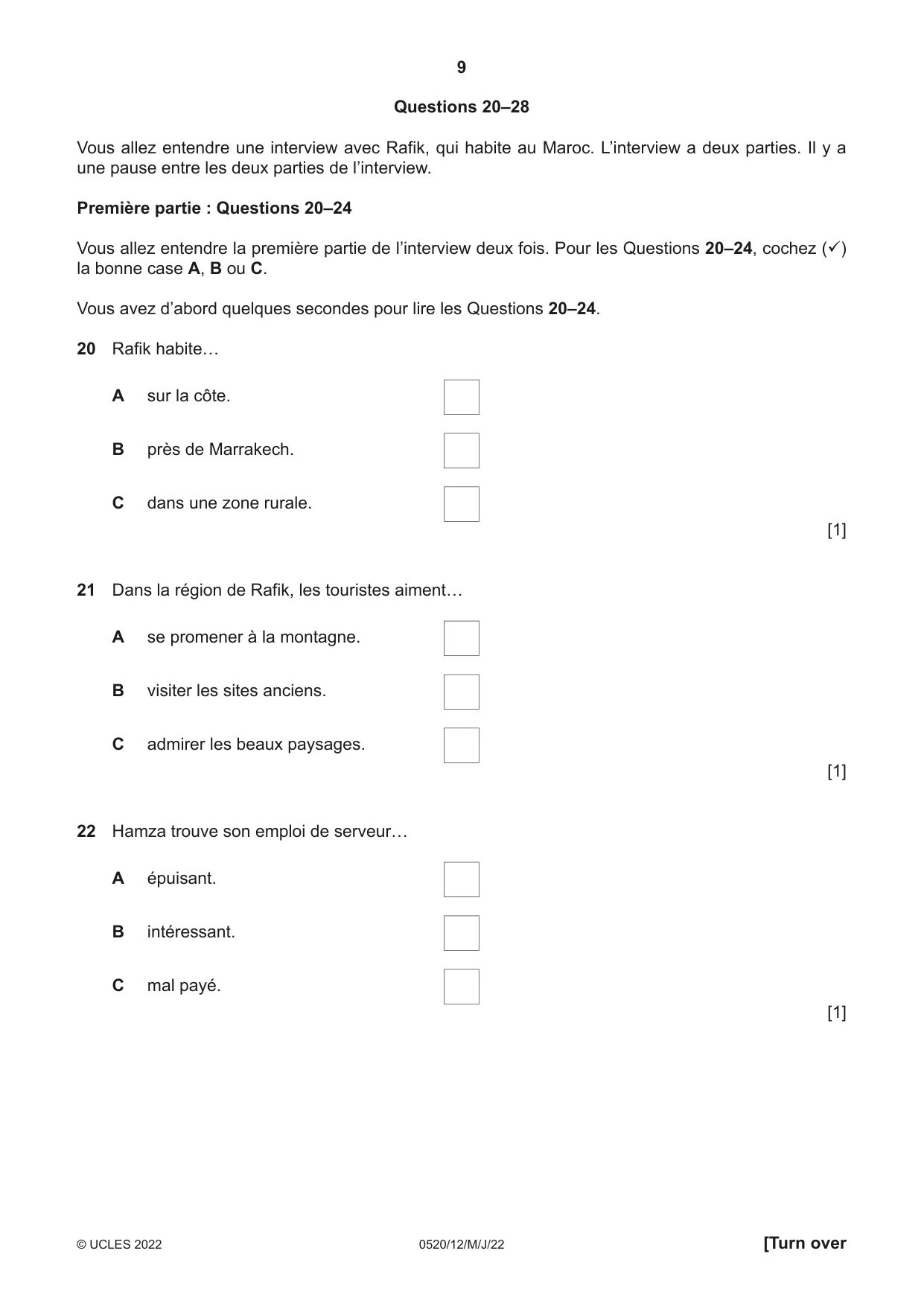 Cambridge IGCSE French - Foreign Language 0520 2022 May/June Paper 1 · Variant 2 question paper, page 9 of 16
