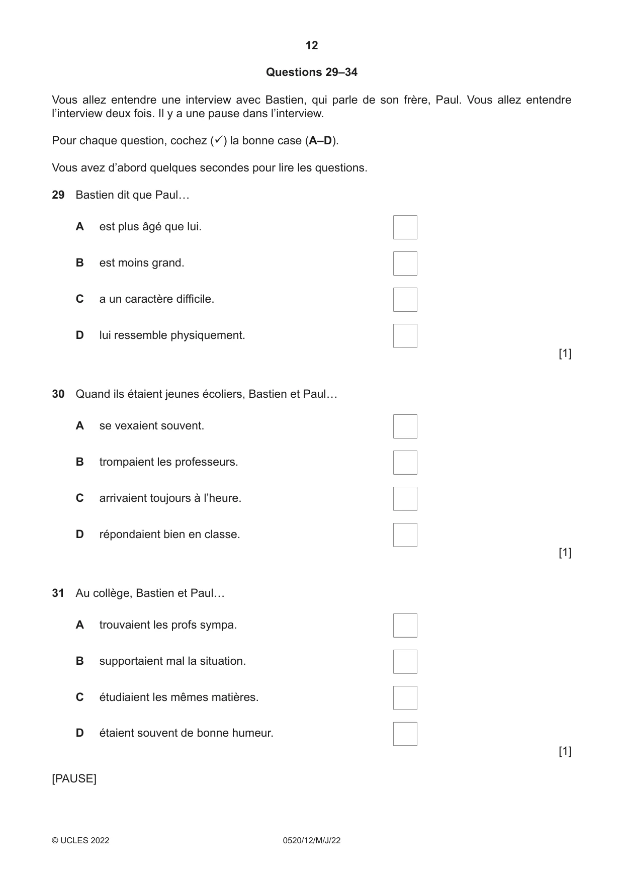 Cambridge IGCSE French - Foreign Language 0520 2022 May/June Paper 1 · Variant 2 question paper, page 12 of 16