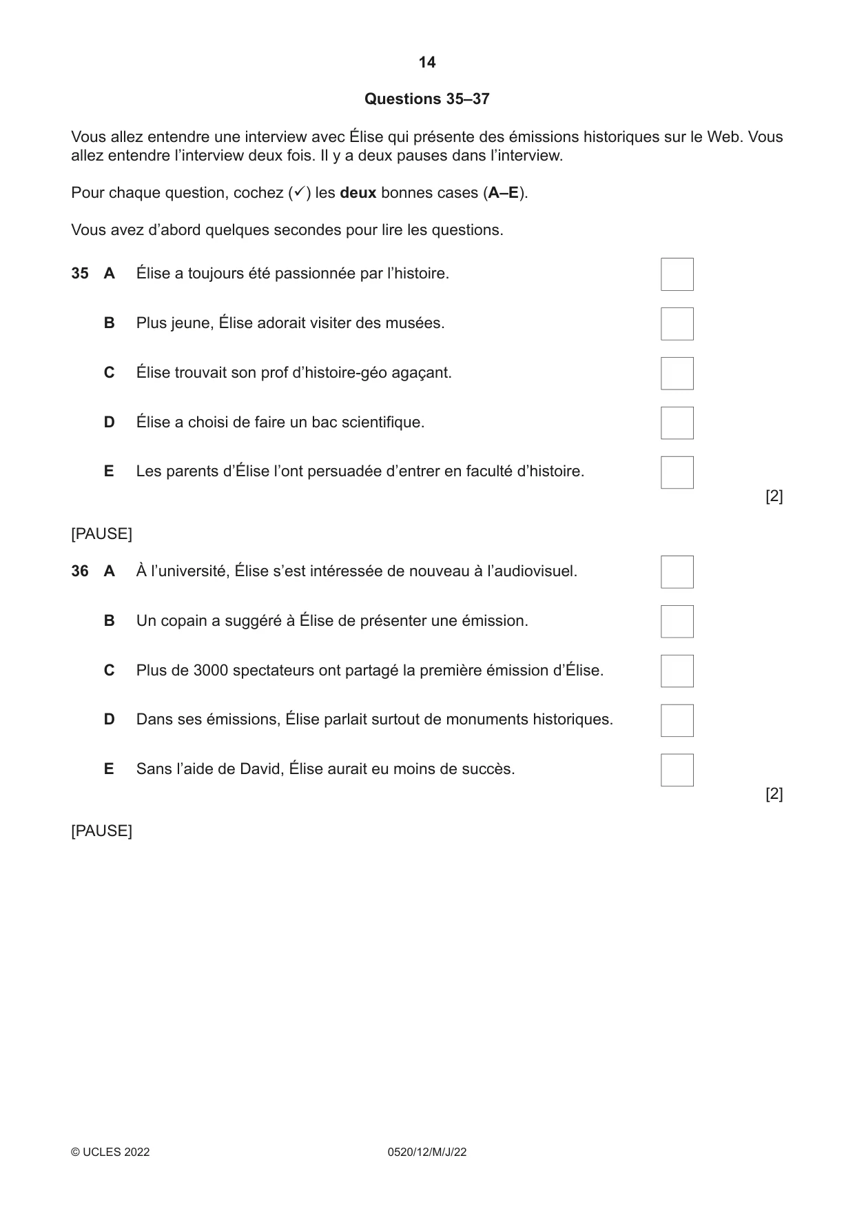 Cambridge IGCSE French - Foreign Language 0520 2022 May/June Paper 1 · Variant 2 question paper, page 14 of 16