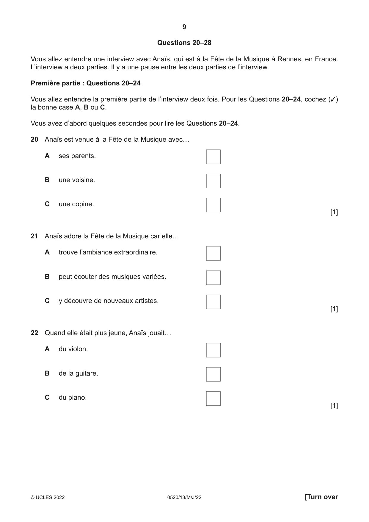 Cambridge IGCSE French - Foreign Language 0520 2022 May/June Paper 1 · Variant 3 question paper, page 9 of 16