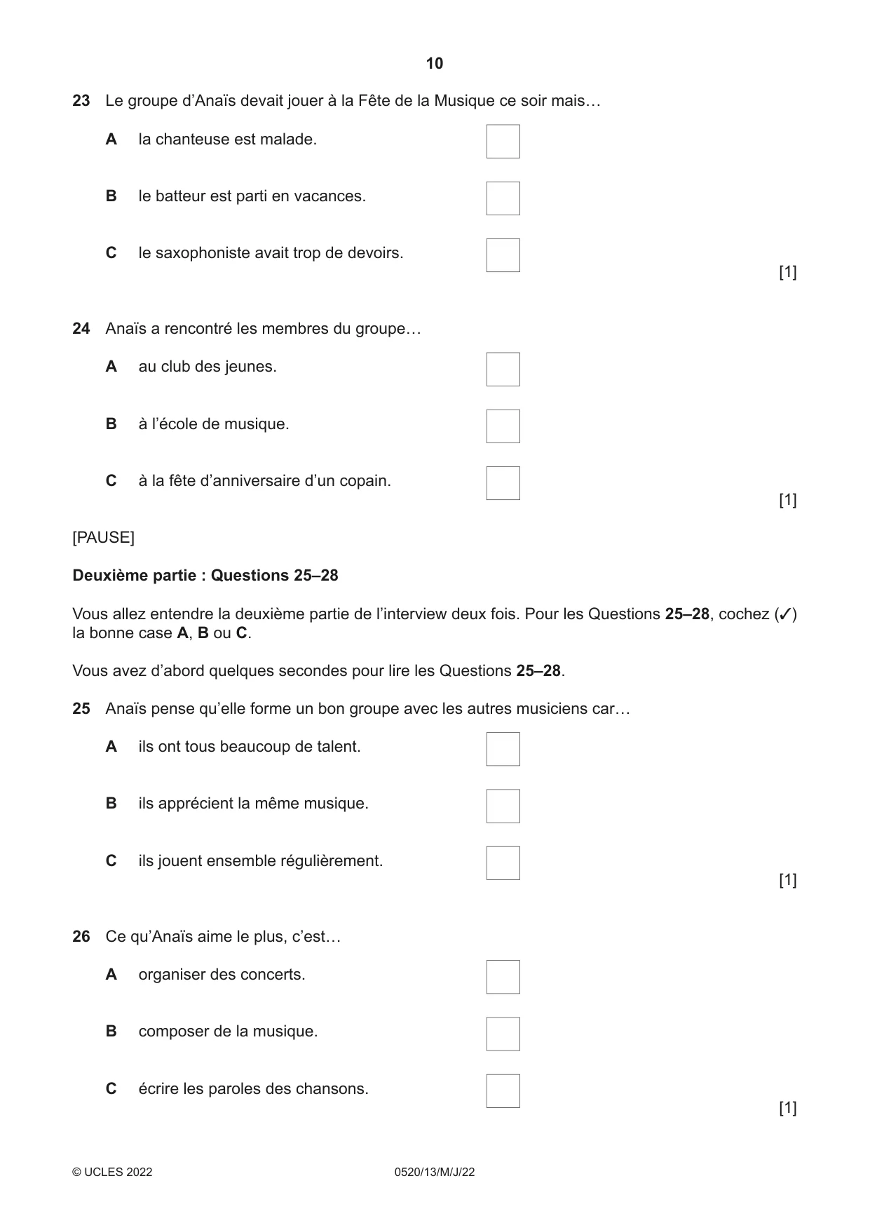 Cambridge IGCSE French - Foreign Language 0520 2022 May/June Paper 1 · Variant 3 question paper, page 10 of 16