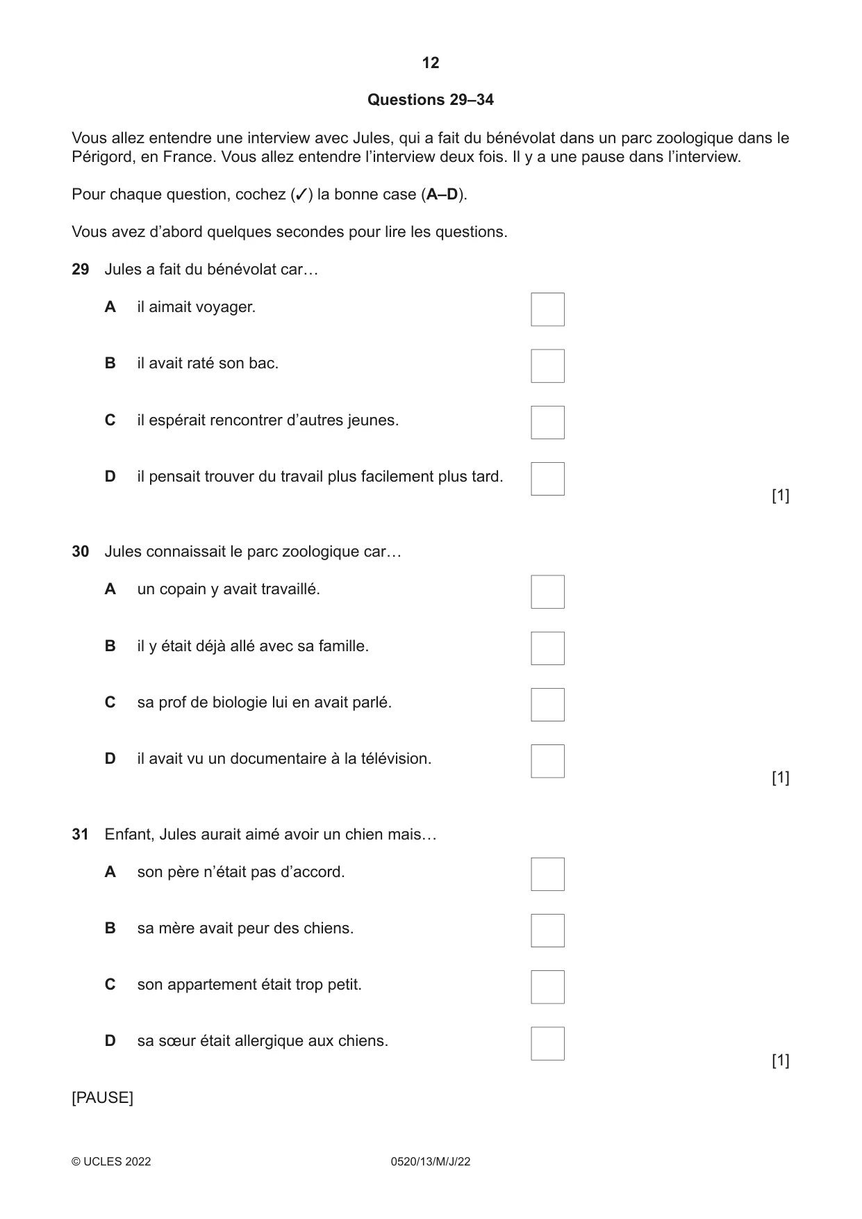 Cambridge IGCSE French - Foreign Language 0520 2022 May/June Paper 1 · Variant 3 question paper, page 12 of 16