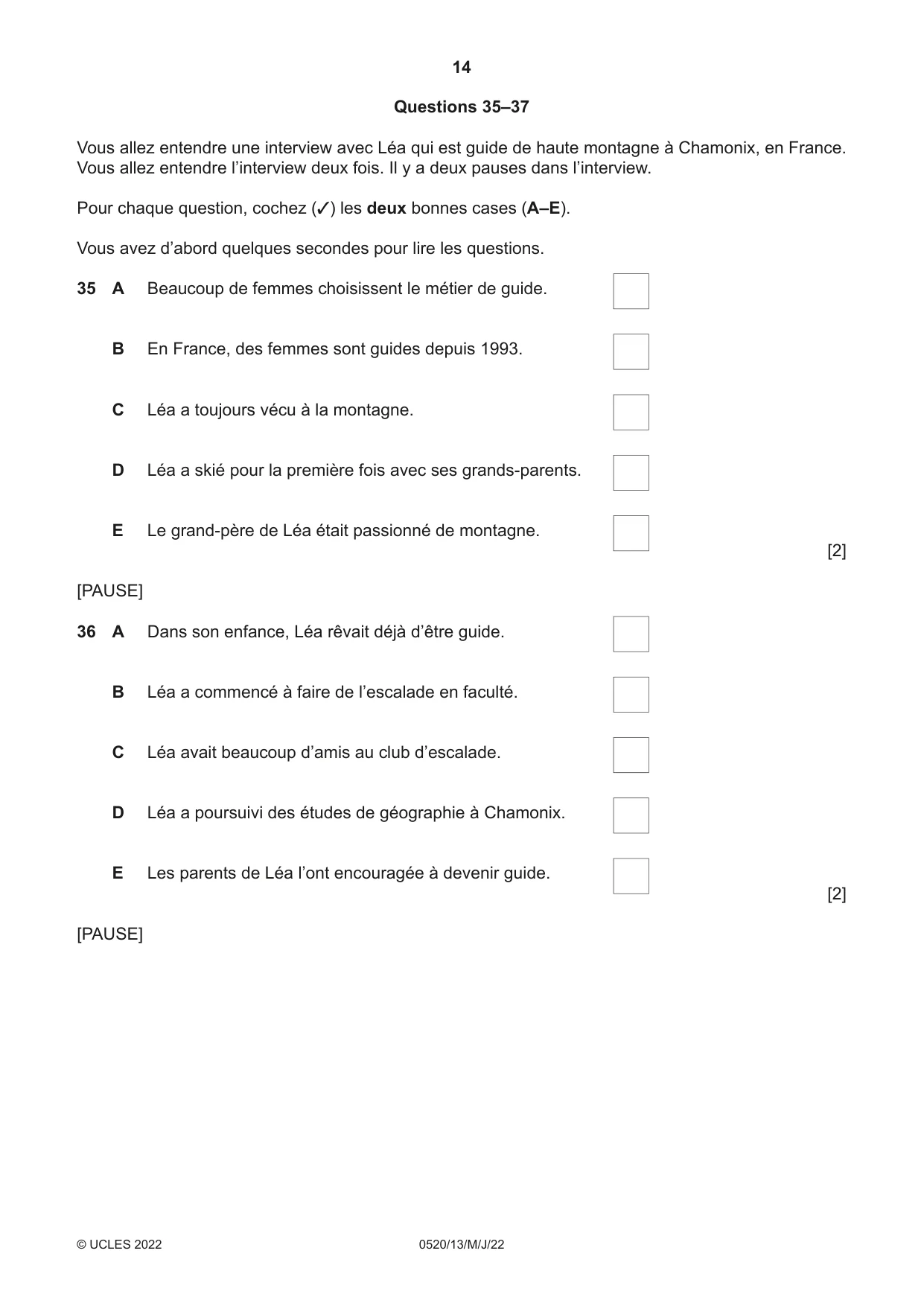 Cambridge IGCSE French - Foreign Language 0520 2022 May/June Paper 1 · Variant 3 question paper, page 14 of 16