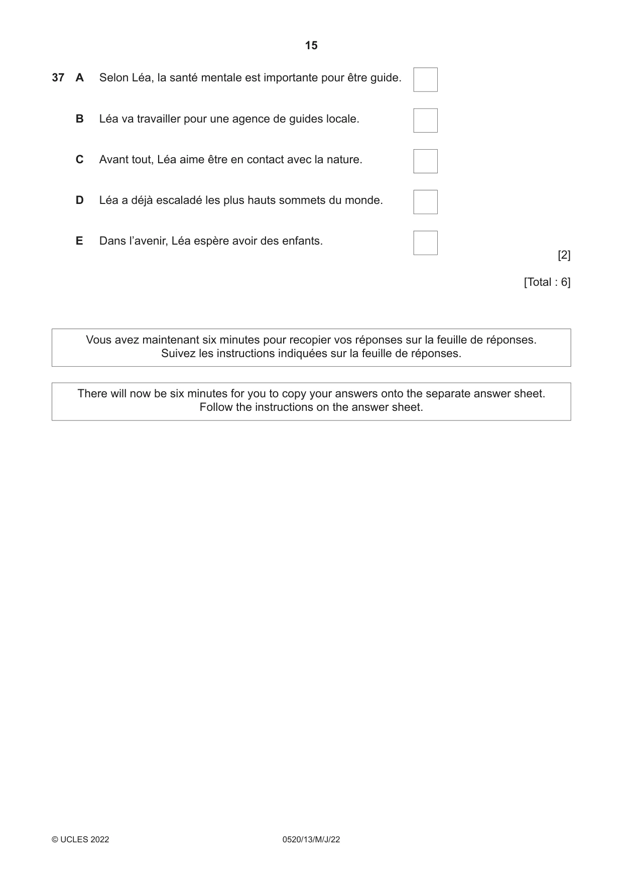 Cambridge IGCSE French - Foreign Language 0520 2022 May/June Paper 1 · Variant 3 question paper, page 15 of 16