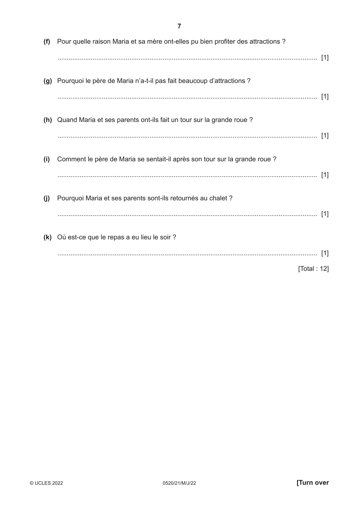 Cambridge IGCSE French - Foreign Language 0520 2022 May/June Paper 2 · Variant 1 question paper, page 7 of 12