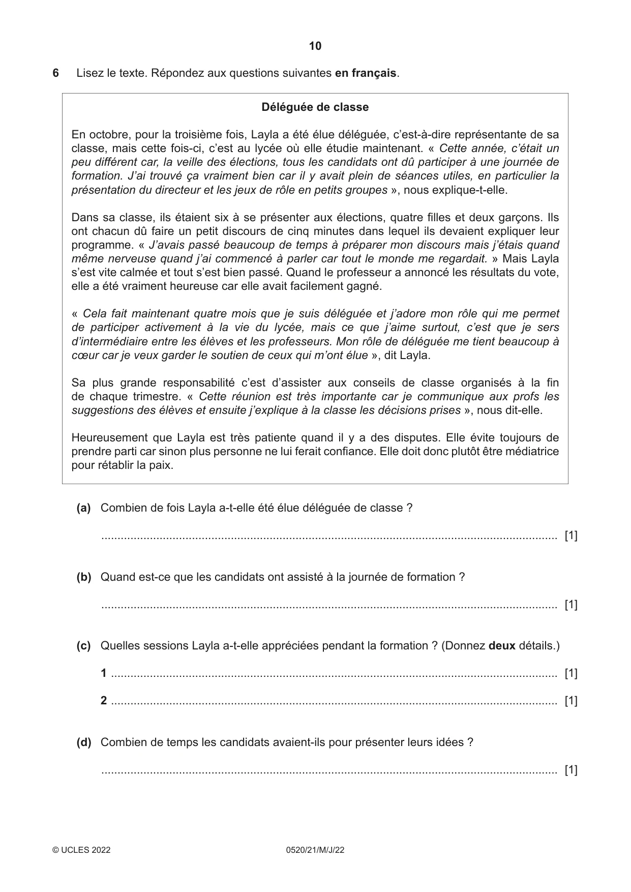 Cambridge IGCSE French - Foreign Language 0520 2022 May/June Paper 2 · Variant 1 question paper, page 10 of 12