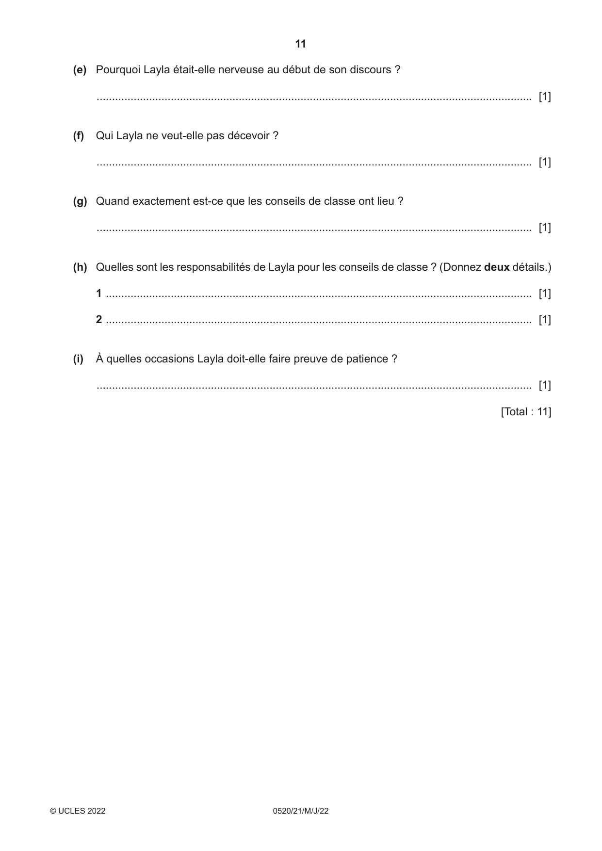 Cambridge IGCSE French - Foreign Language 0520 2022 May/June Paper 2 · Variant 1 question paper, page 11 of 12