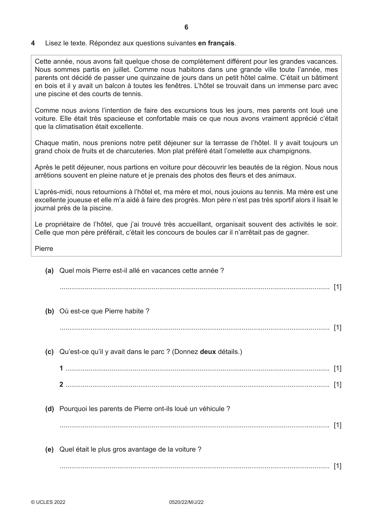 Cambridge IGCSE French - Foreign Language 0520 2022 May/June Paper 2 · Variant 2 question paper, page 6 of 12
