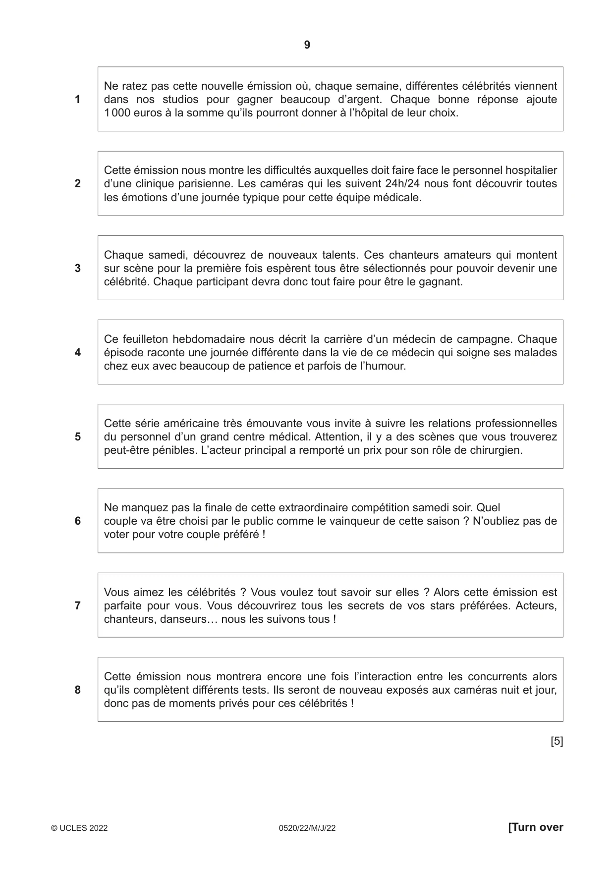 Cambridge IGCSE French - Foreign Language 0520 2022 May/June Paper 2 · Variant 2 question paper, page 9 of 12