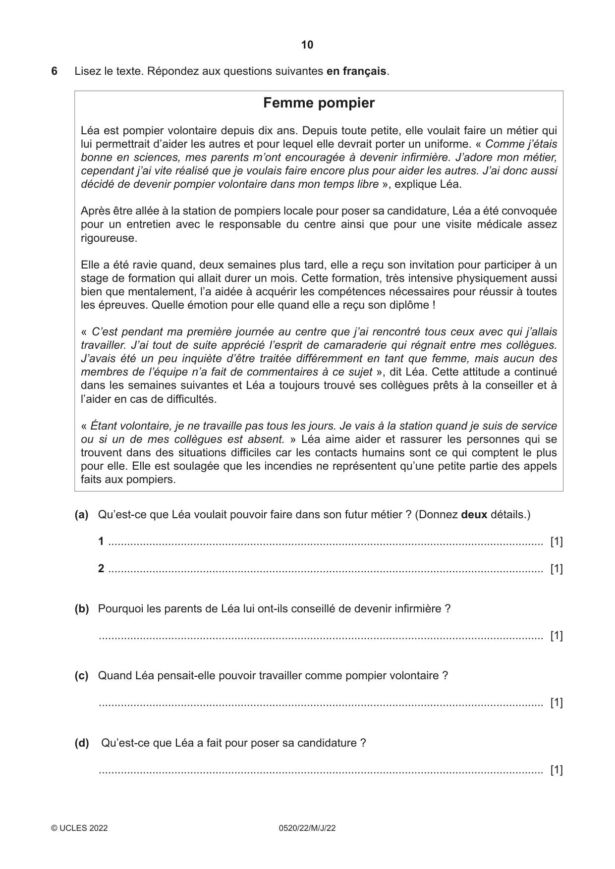 Cambridge IGCSE French - Foreign Language 0520 2022 May/June Paper 2 · Variant 2 question paper, page 10 of 12