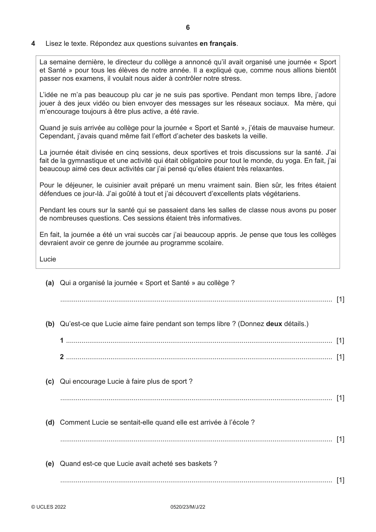 Cambridge IGCSE French - Foreign Language 0520 2022 May/June Paper 2 · Variant 3 question paper, page 6 of 12