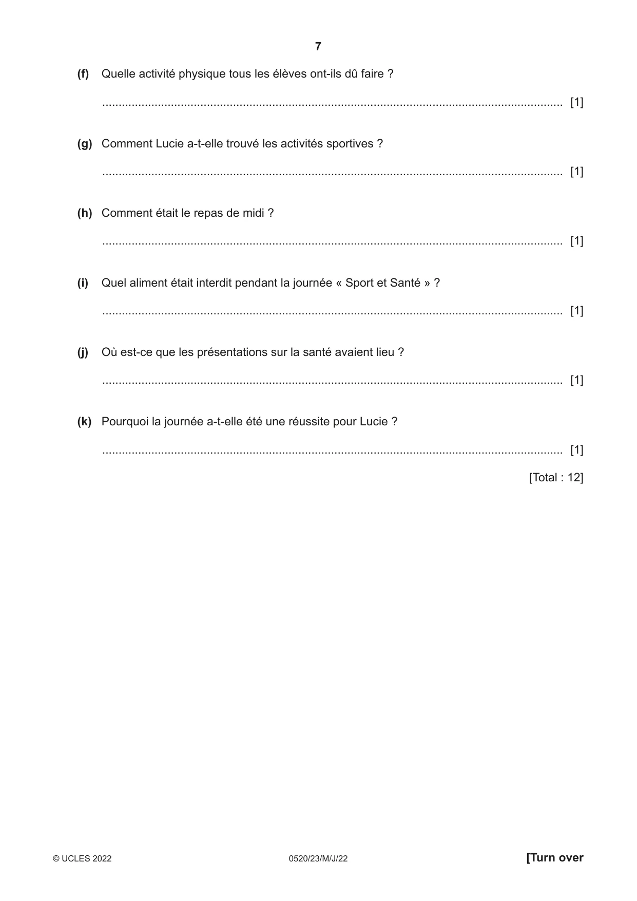 Cambridge IGCSE French - Foreign Language 0520 2022 May/June Paper 2 · Variant 3 question paper, page 7 of 12