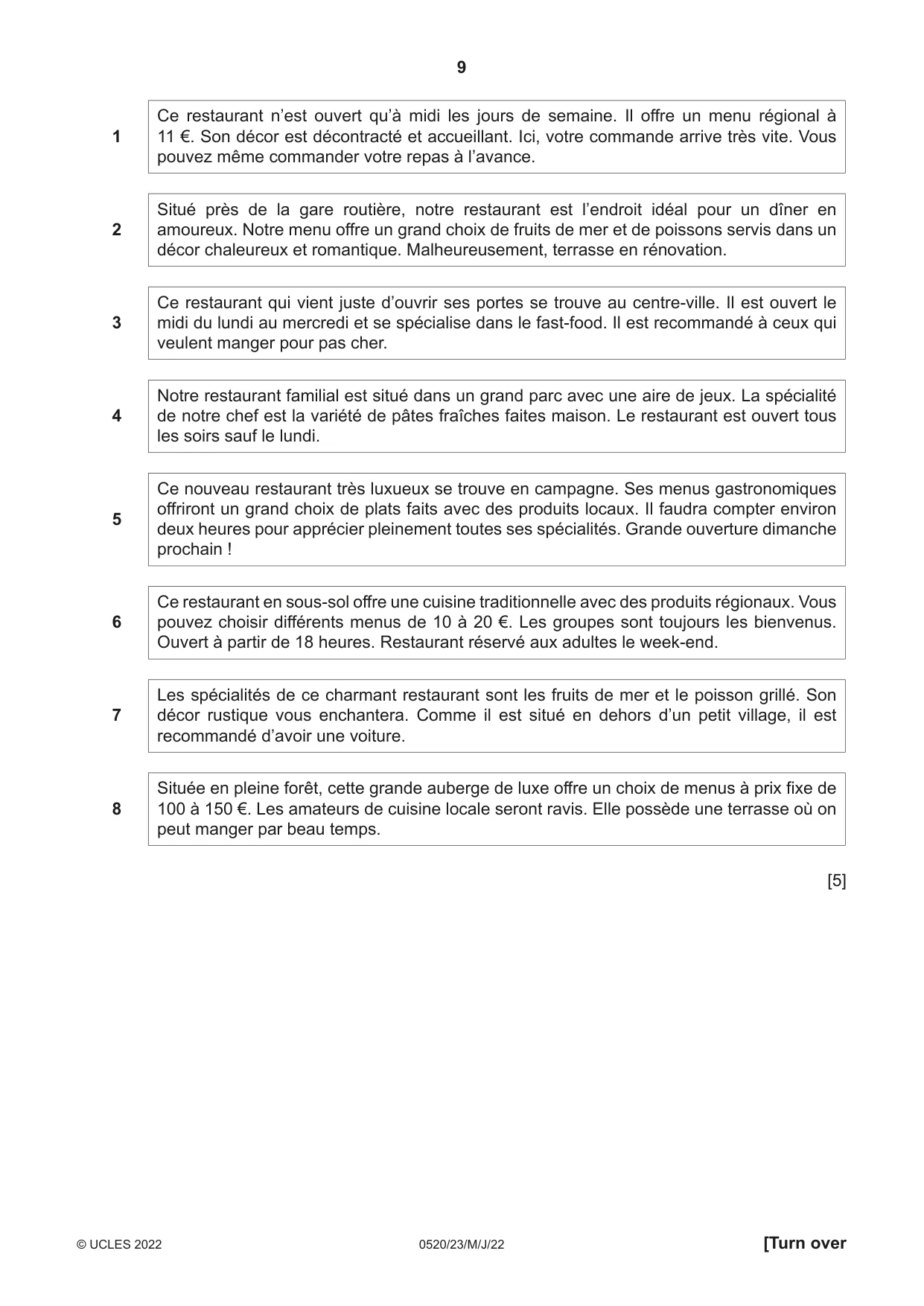 Cambridge IGCSE French - Foreign Language 0520 2022 May/June Paper 2 · Variant 3 question paper, page 9 of 12