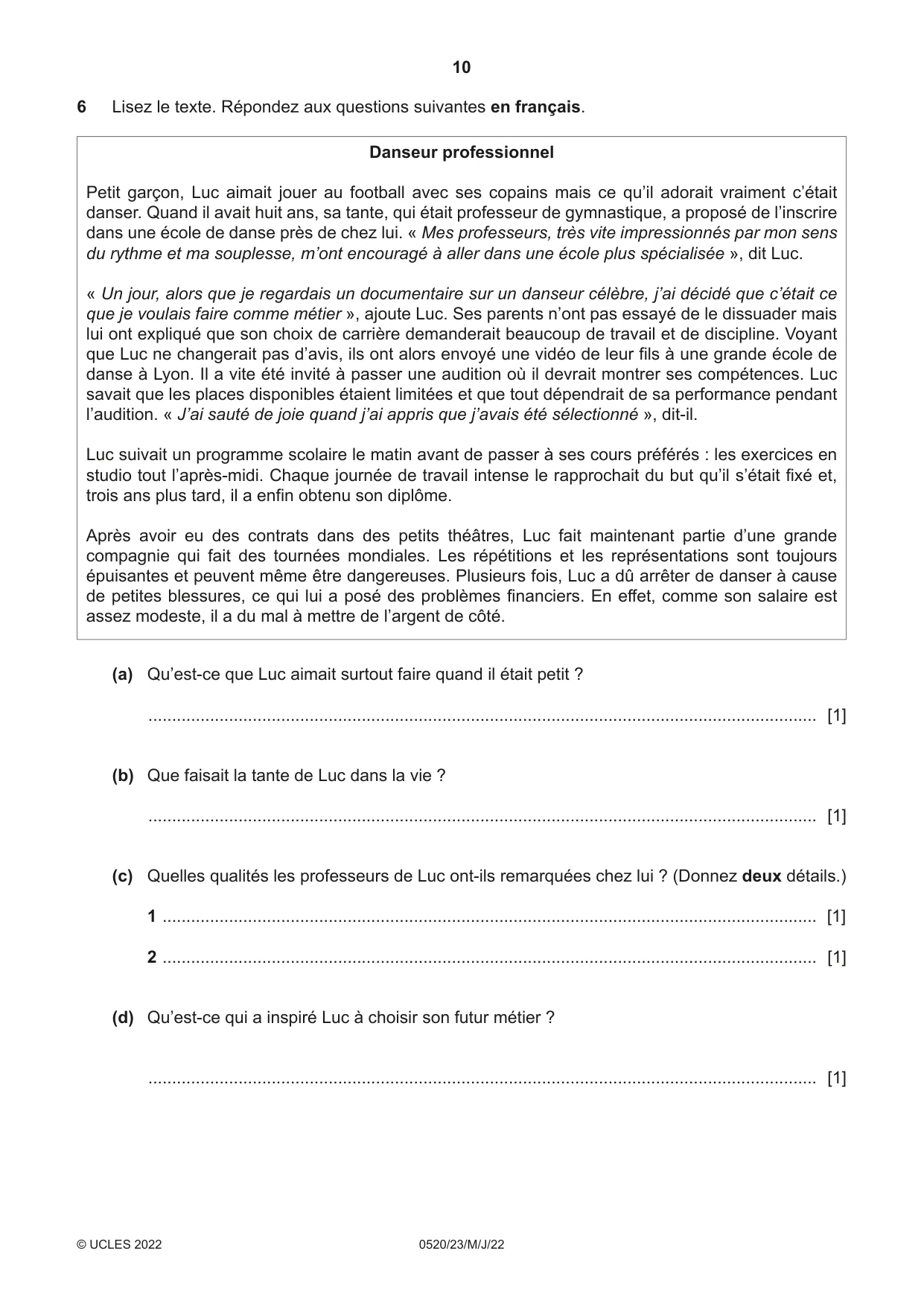 Cambridge IGCSE French - Foreign Language 0520 2022 May/June Paper 2 · Variant 3 question paper, page 10 of 12
