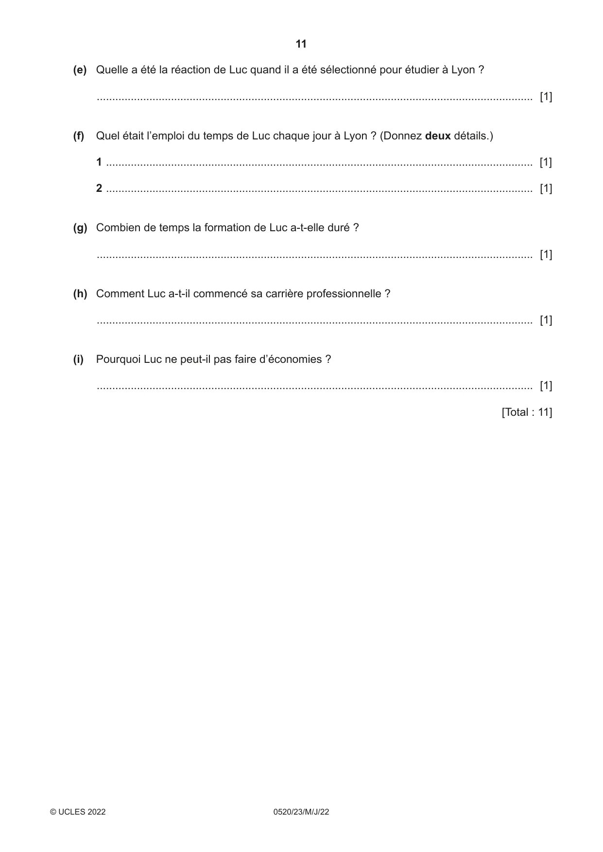 Cambridge IGCSE French - Foreign Language 0520 2022 May/June Paper 2 · Variant 3 question paper, page 11 of 12