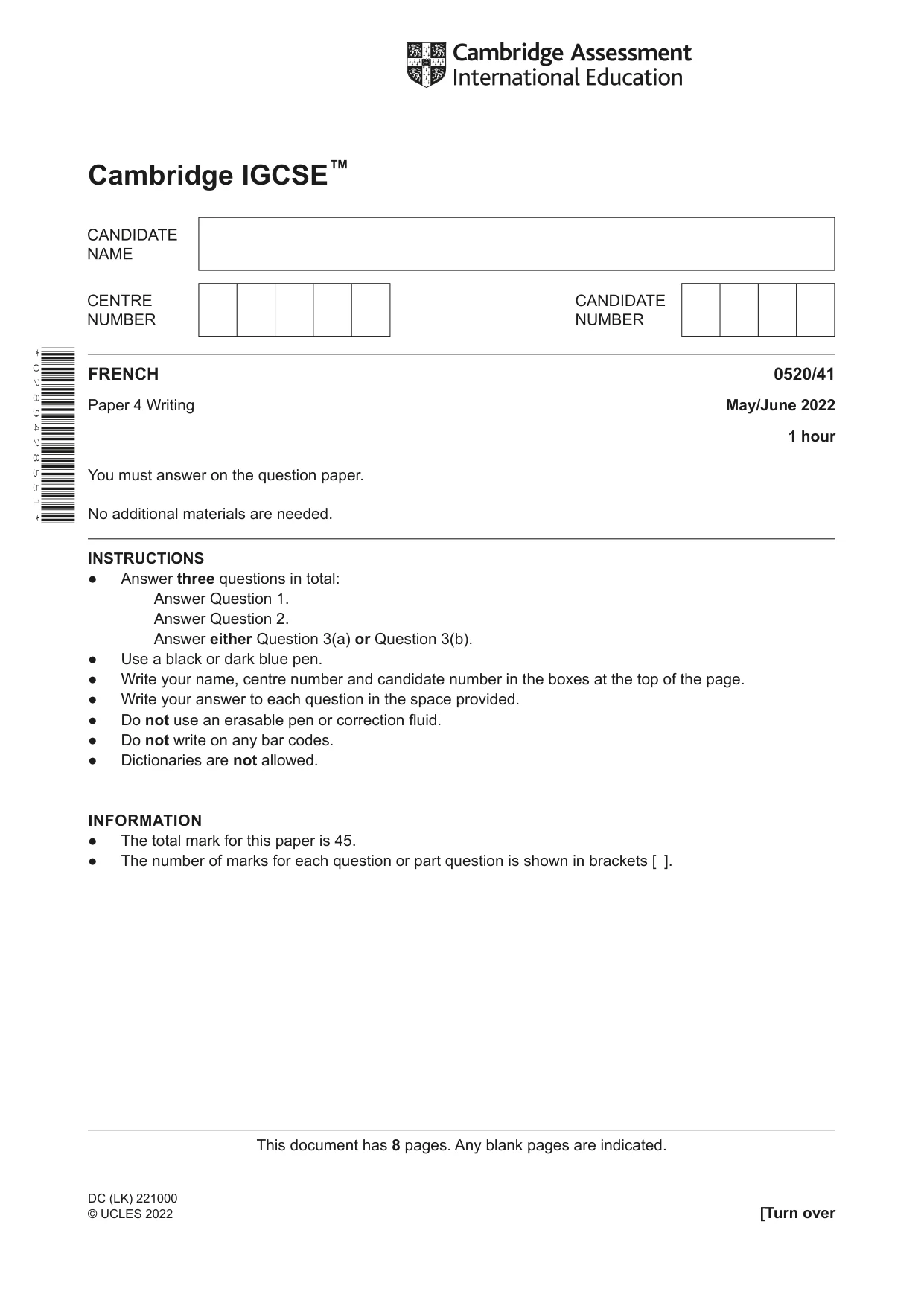 Cambridge IGCSE French - Foreign Language 0520 2022 May/June Paper 4 · Variant 1 question paper, page 1 of 8
