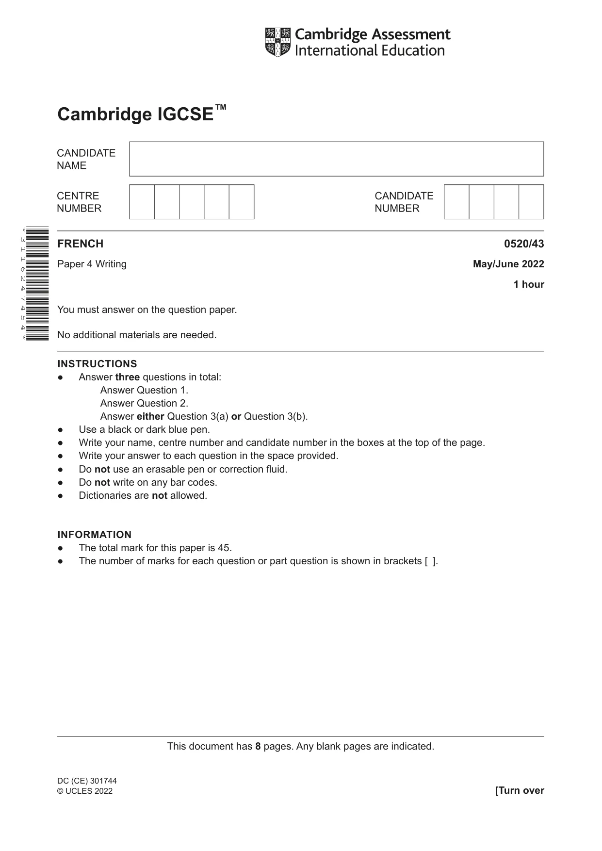 Cambridge IGCSE French - Foreign Language 0520 2022 May/June Paper 4 · Variant 3 question paper, page 1 of 8
