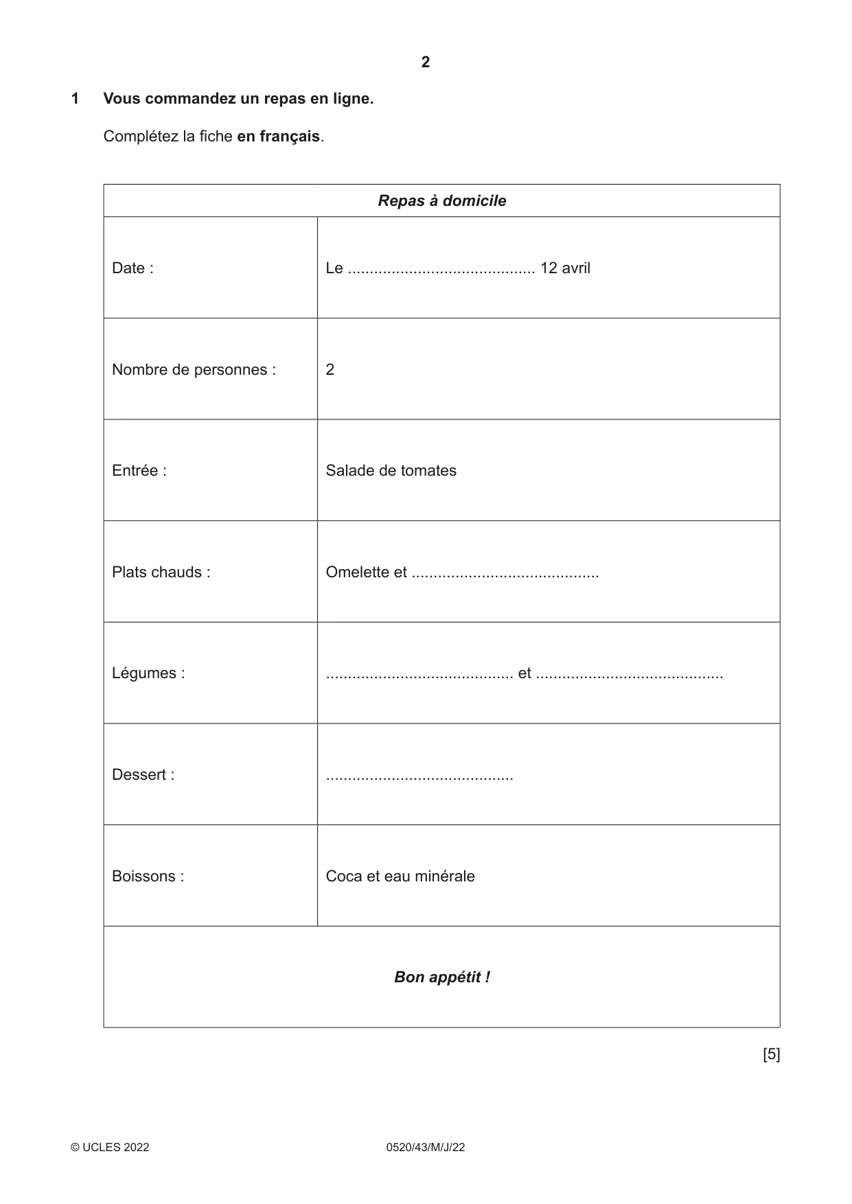 Cambridge IGCSE French - Foreign Language 0520 2022 May/June Paper 4 · Variant 3 question paper, page 2 of 8