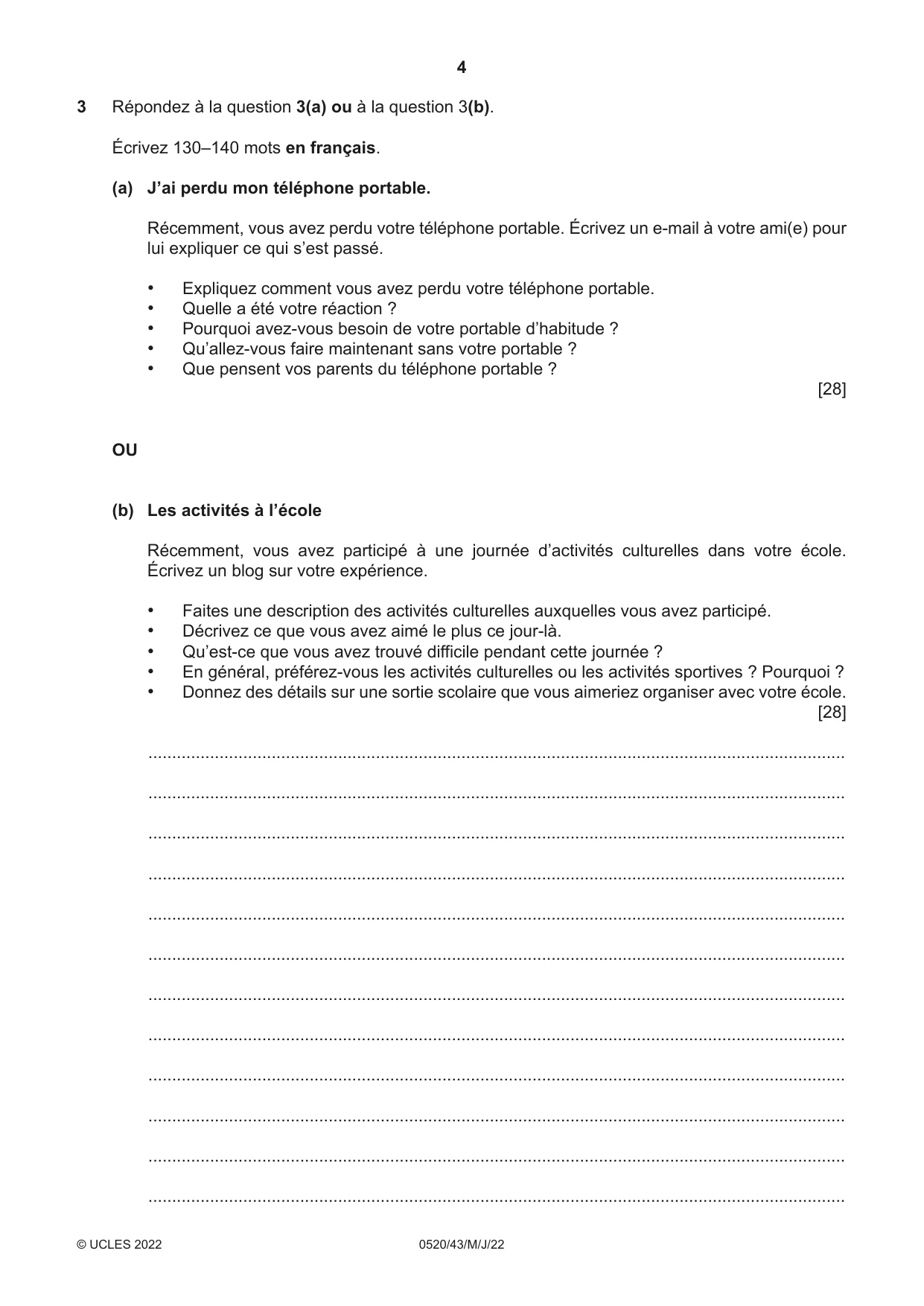 Cambridge IGCSE French - Foreign Language 0520 2022 May/June Paper 4 · Variant 3 question paper, page 4 of 8