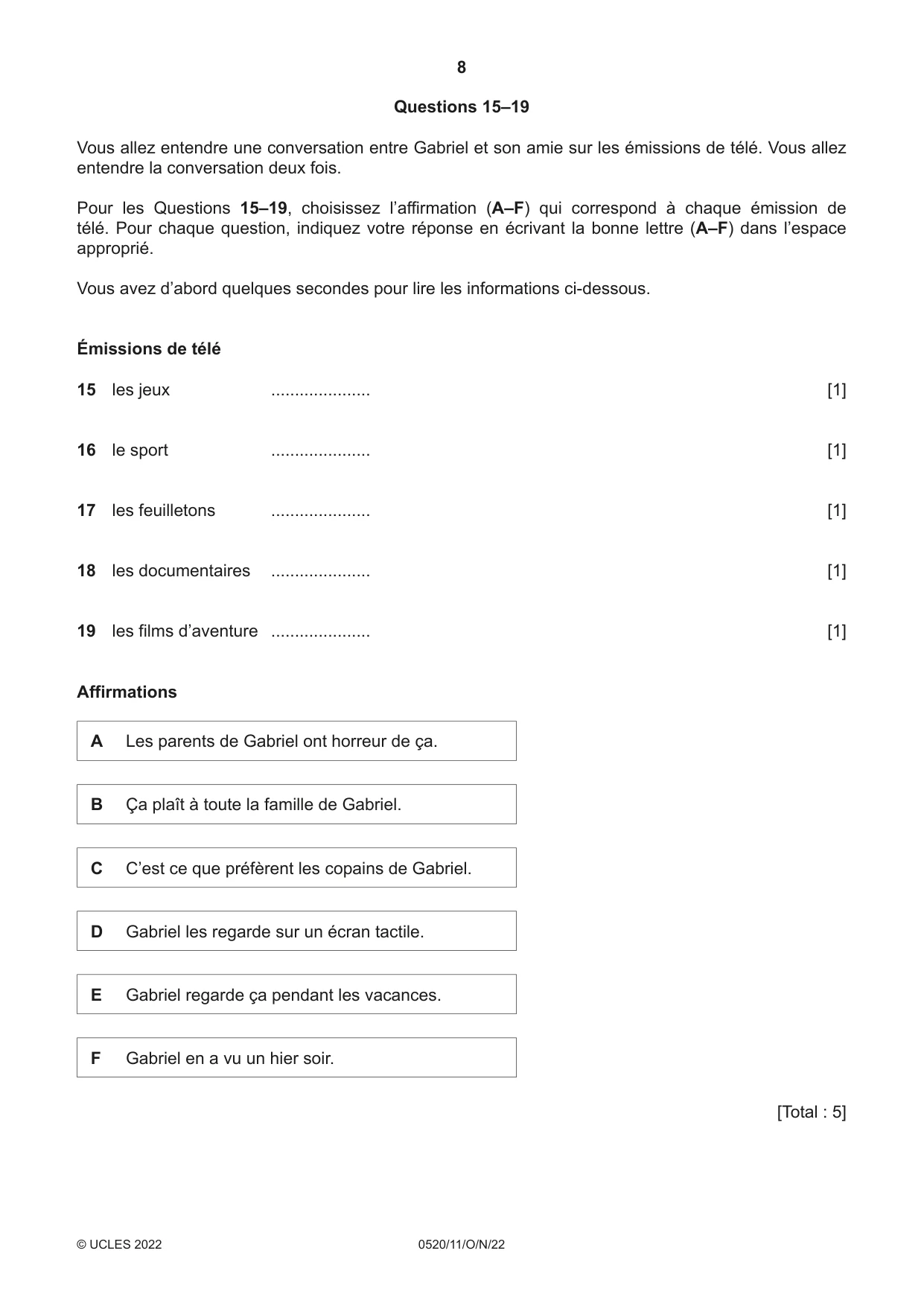 Cambridge IGCSE French - Foreign Language 0520 2022 Oct/Nov Paper 1 · Variant 1 question paper, page 8 of 16