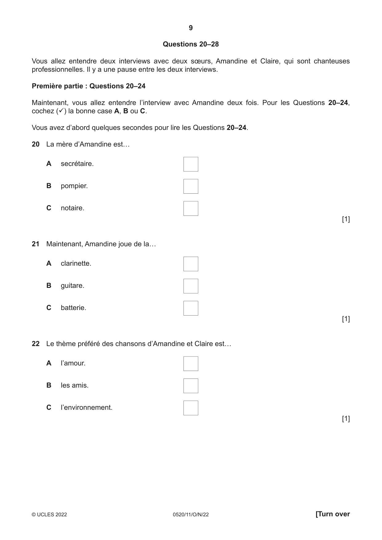 Cambridge IGCSE French - Foreign Language 0520 2022 Oct/Nov Paper 1 · Variant 1 question paper, page 9 of 16