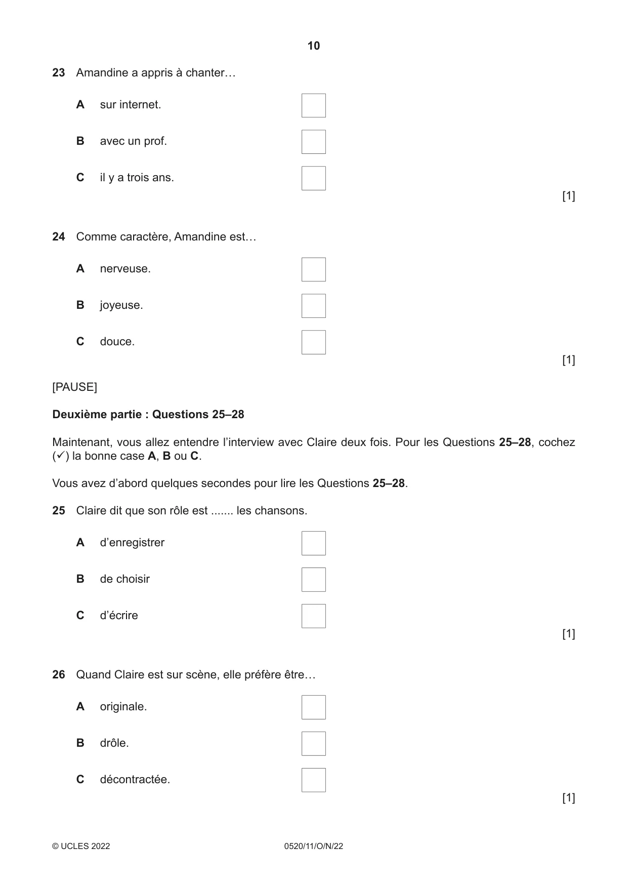 Cambridge IGCSE French - Foreign Language 0520 2022 Oct/Nov Paper 1 · Variant 1 question paper, page 10 of 16