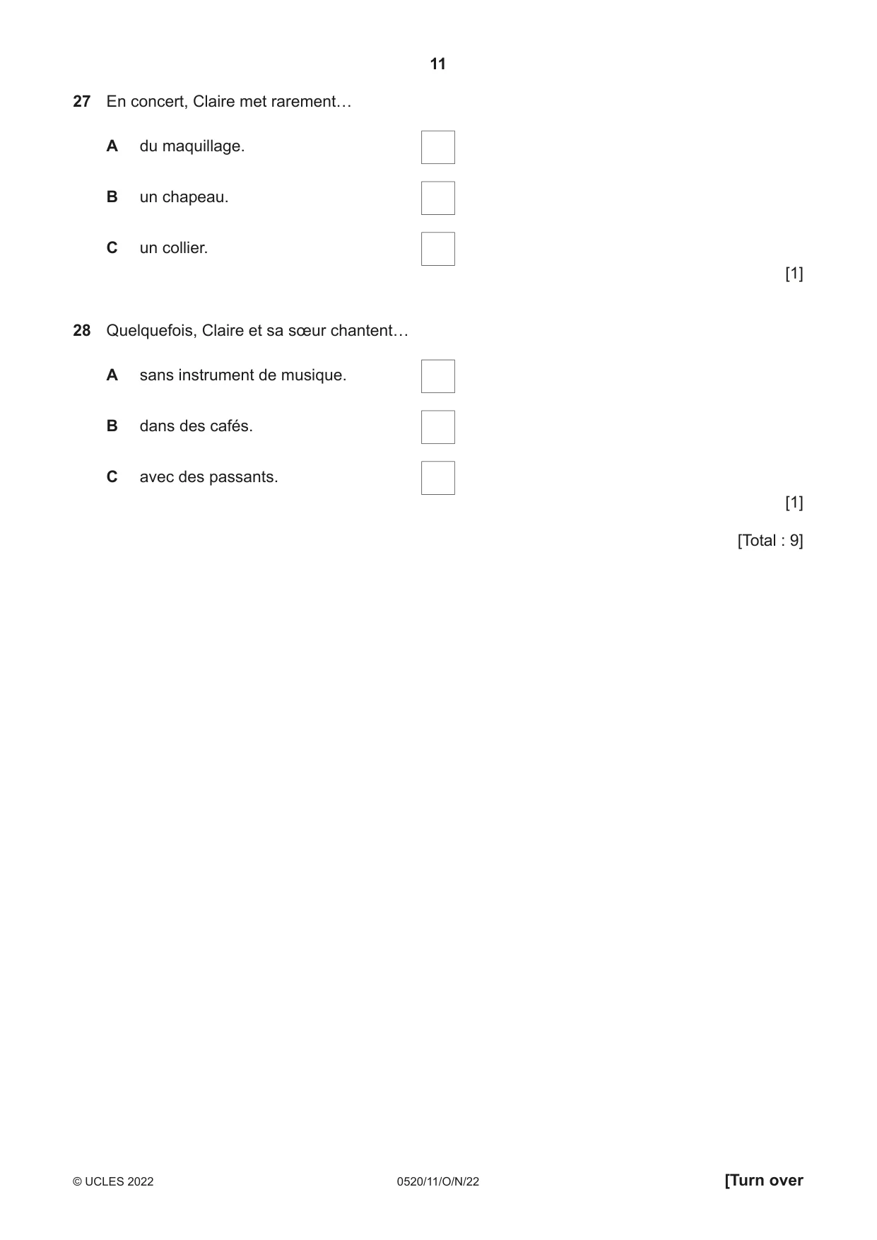 Cambridge IGCSE French - Foreign Language 0520 2022 Oct/Nov Paper 1 · Variant 1 question paper, page 11 of 16