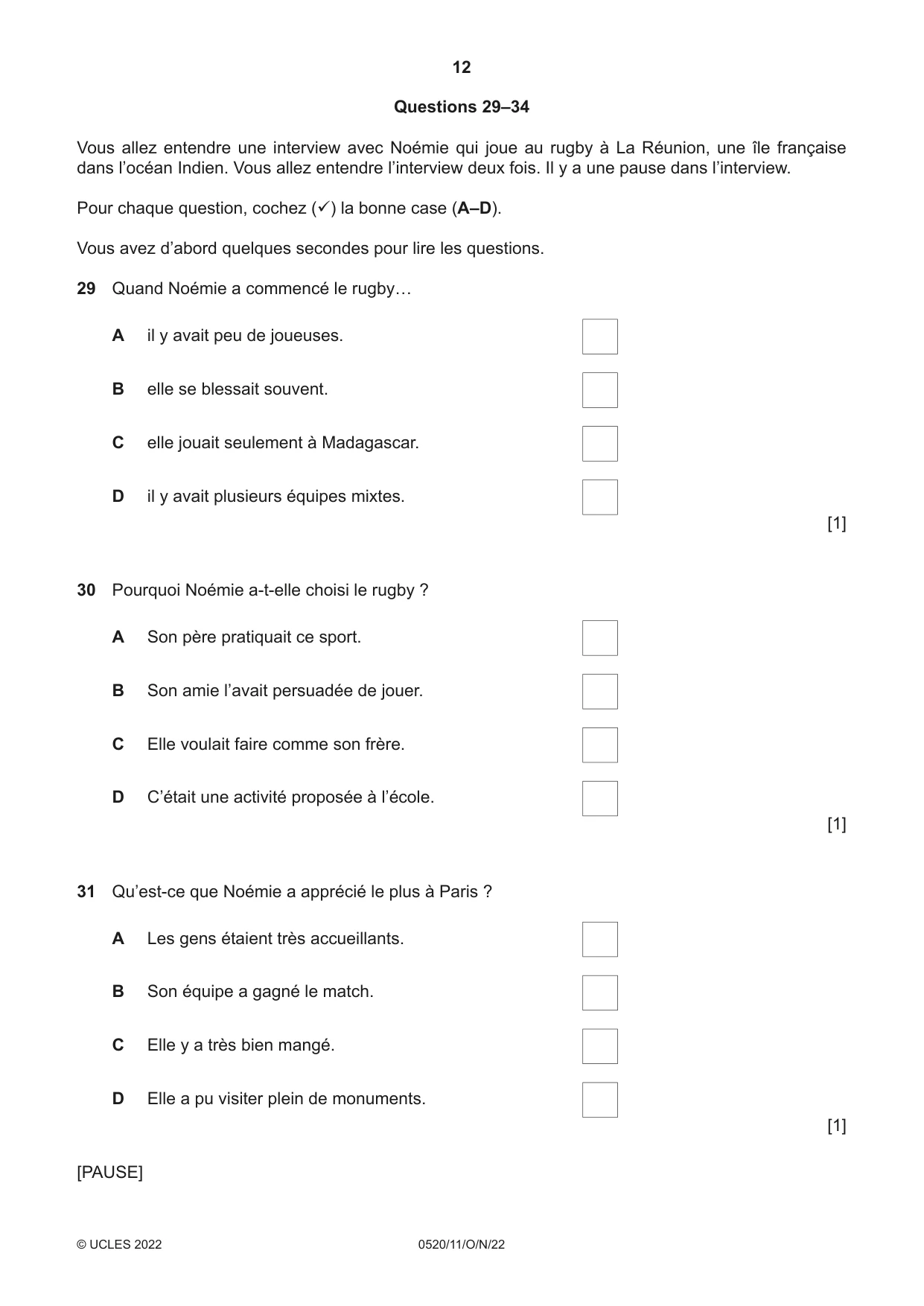 Cambridge IGCSE French - Foreign Language 0520 2022 Oct/Nov Paper 1 · Variant 1 question paper, page 12 of 16