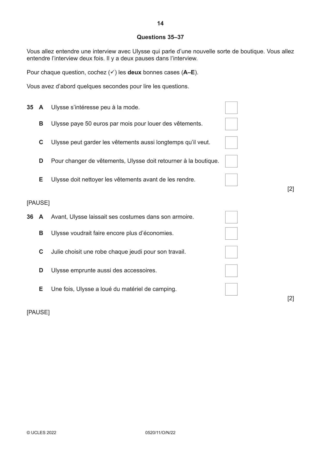 Cambridge IGCSE French - Foreign Language 0520 2022 Oct/Nov Paper 1 · Variant 1 question paper, page 14 of 16