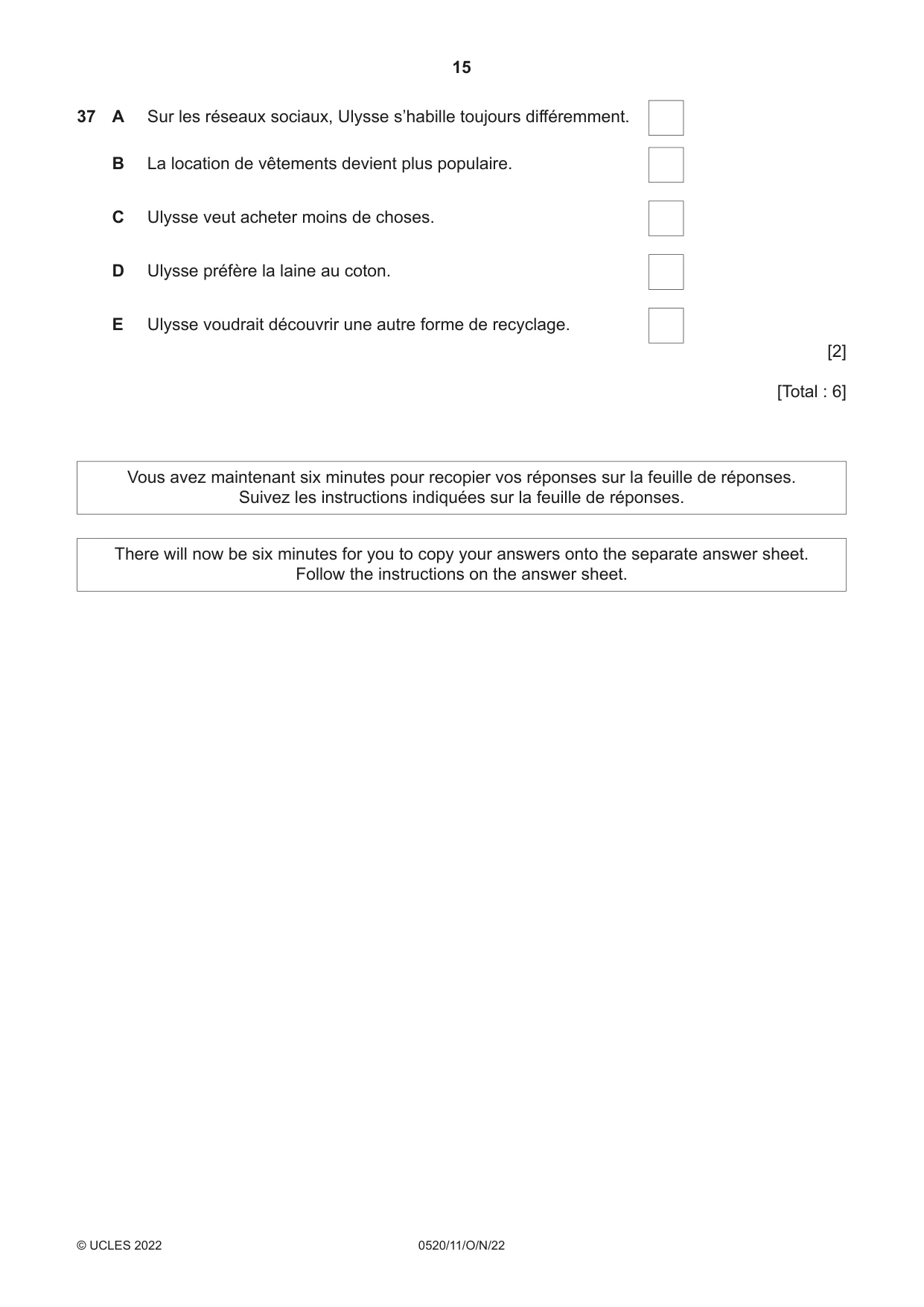 Cambridge IGCSE French - Foreign Language 0520 2022 Oct/Nov Paper 1 · Variant 1 question paper, page 15 of 16