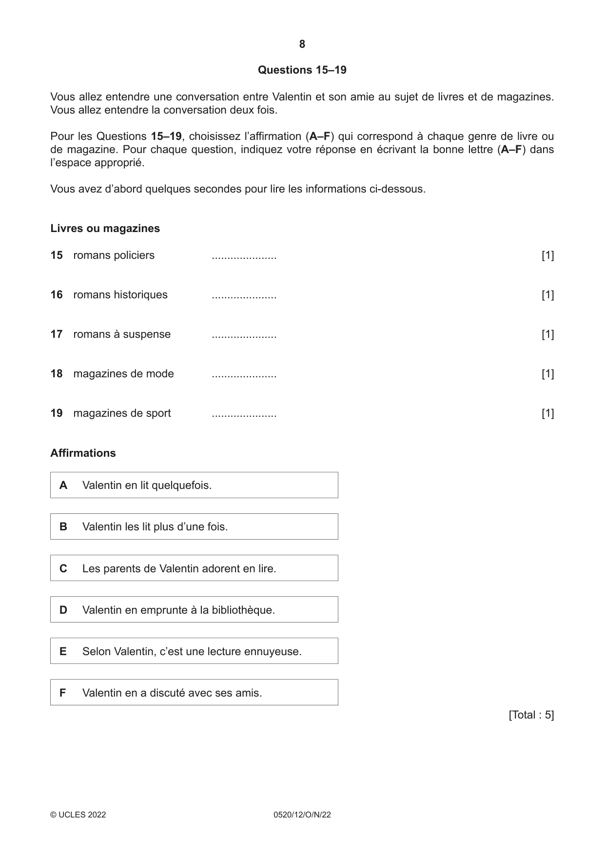 Cambridge IGCSE French - Foreign Language 0520 2022 Oct/Nov Paper 1 · Variant 2 question paper, page 8 of 16