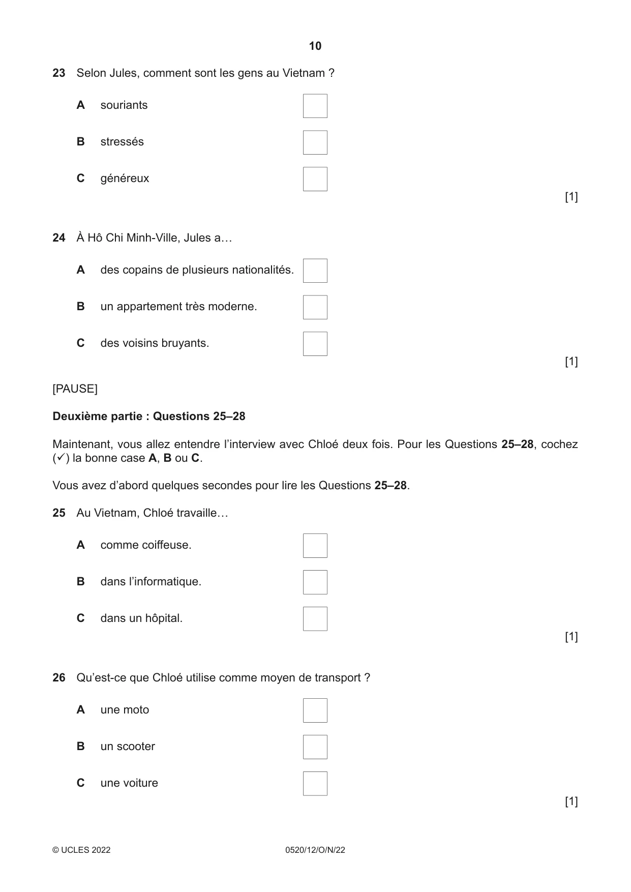 Cambridge IGCSE French - Foreign Language 0520 2022 Oct/Nov Paper 1 · Variant 2 question paper, page 10 of 16