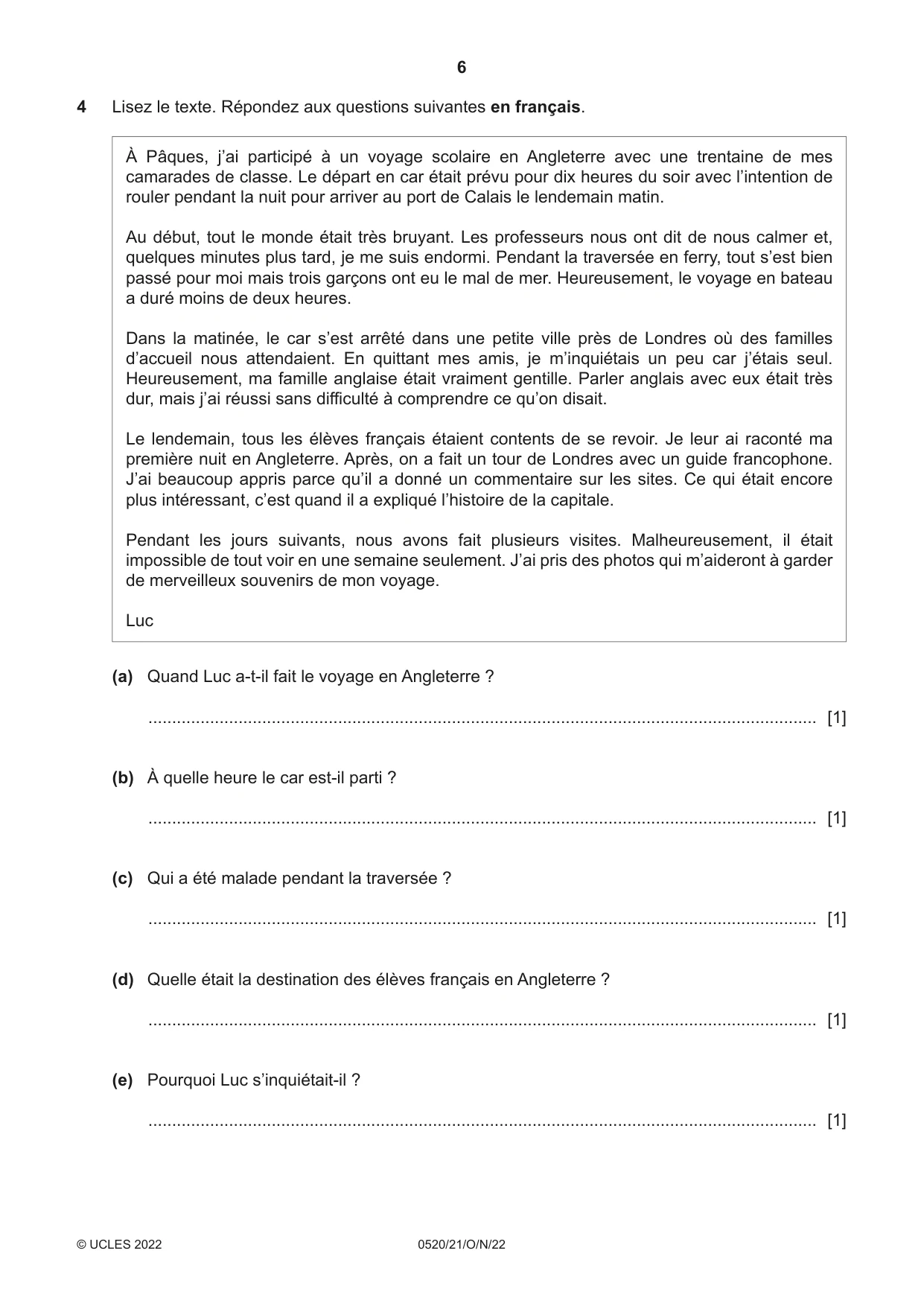Cambridge IGCSE French - Foreign Language 0520 2022 Oct/Nov Paper 2 · Variant 1 question paper, page 6 of 12