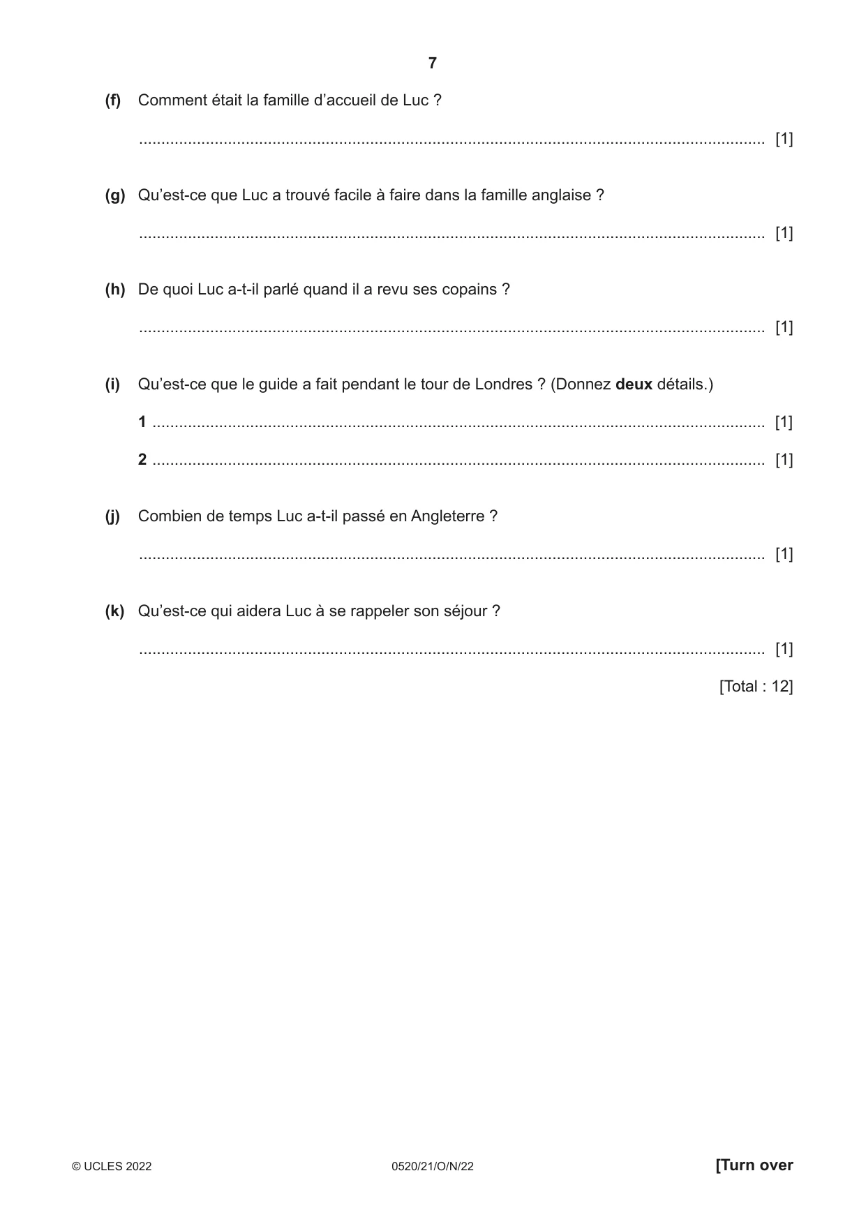 Cambridge IGCSE French - Foreign Language 0520 2022 Oct/Nov Paper 2 · Variant 1 question paper, page 7 of 12