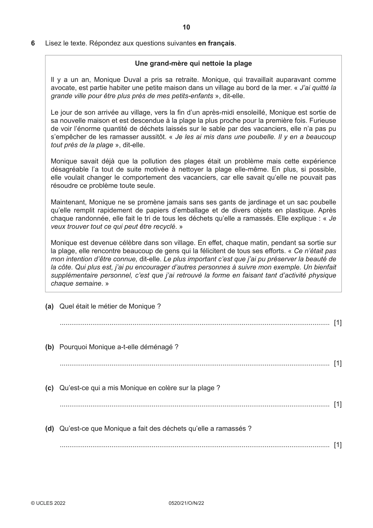 Cambridge IGCSE French - Foreign Language 0520 2022 Oct/Nov Paper 2 · Variant 1 question paper, page 10 of 12