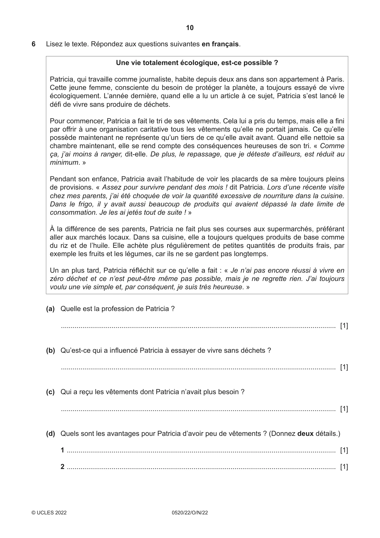 Cambridge IGCSE French - Foreign Language 0520 2022 Oct/Nov Paper 2 · Variant 2 question paper, page 10 of 12
